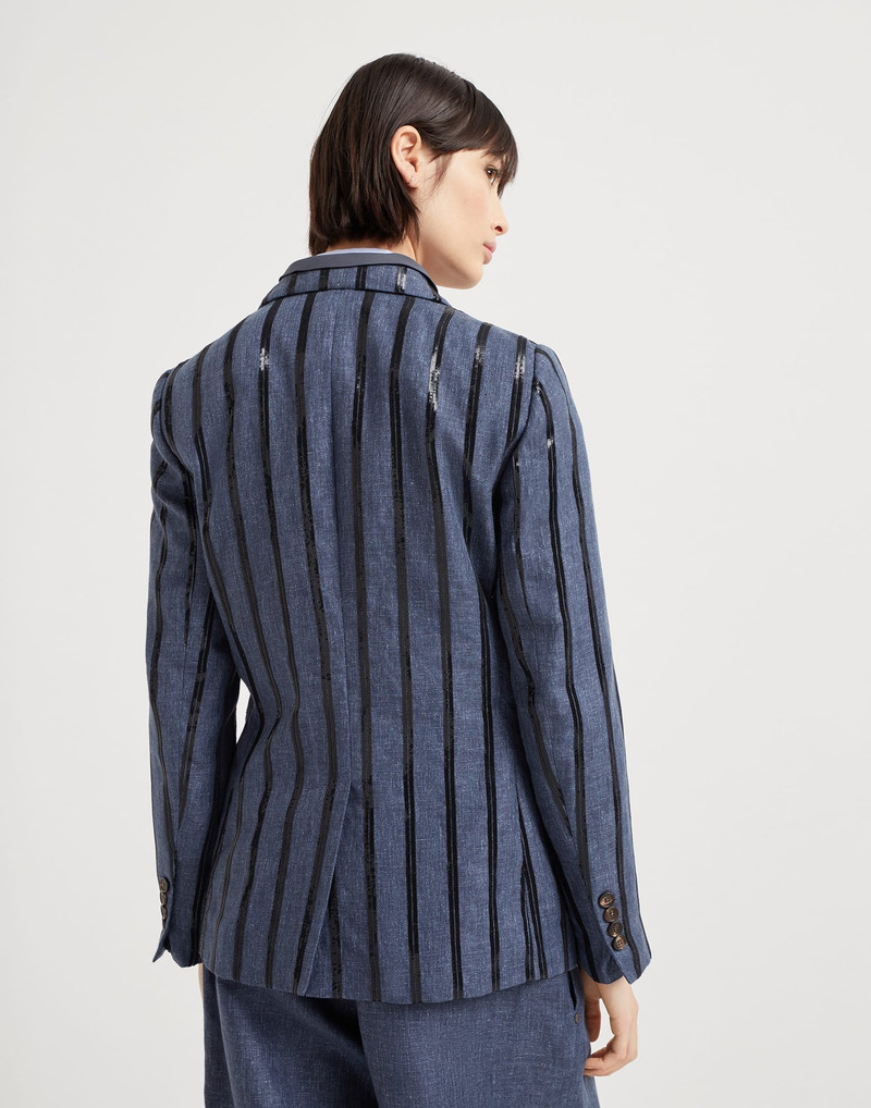 Brunello Cucinelli Denim effect linen blazer with dazzling stripe embroidery outlook