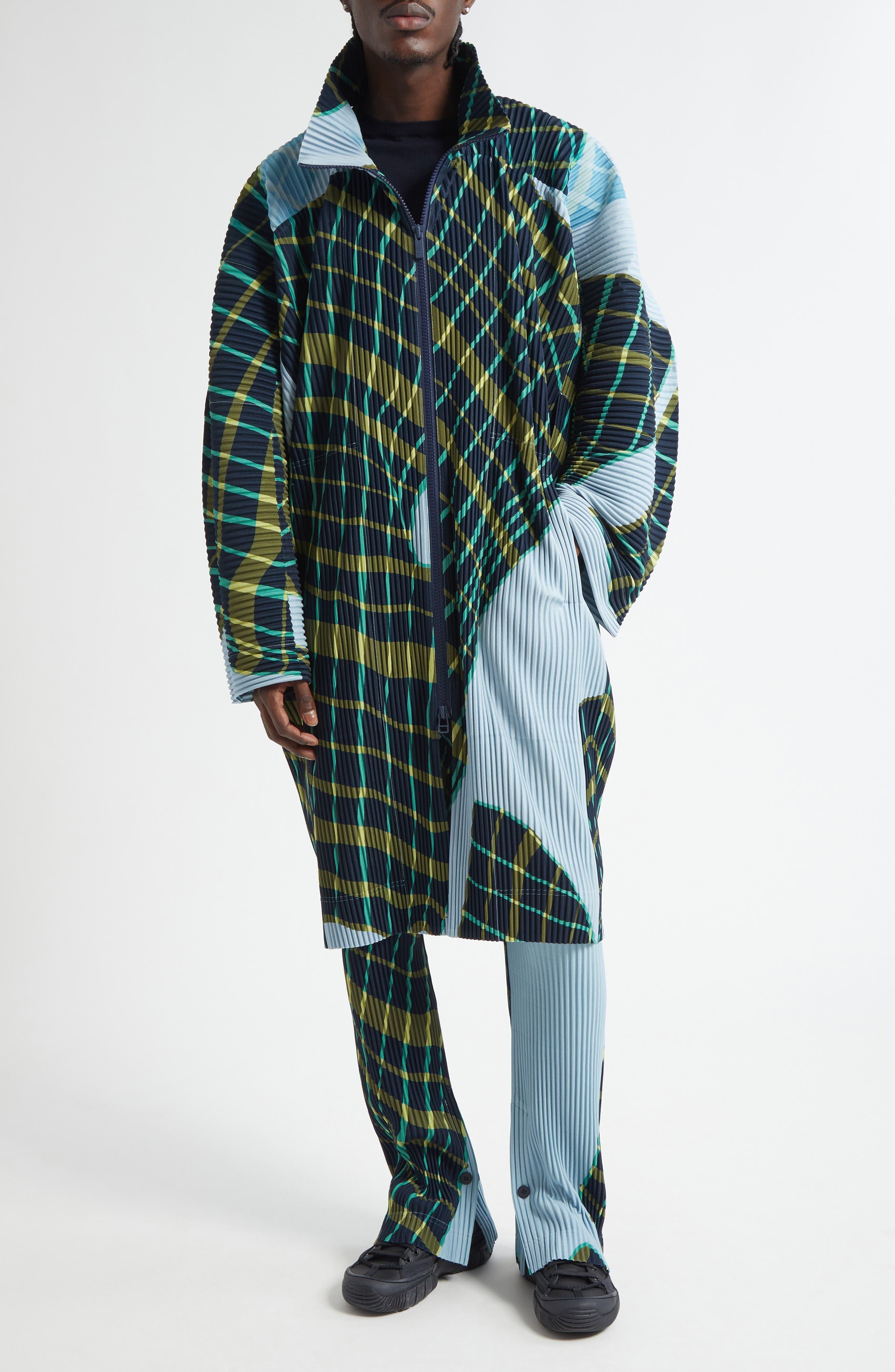 Homme Plissé Issey Miyake Windswept Plaid Pleated Coat in Blue Gray at Nordstrom - 8