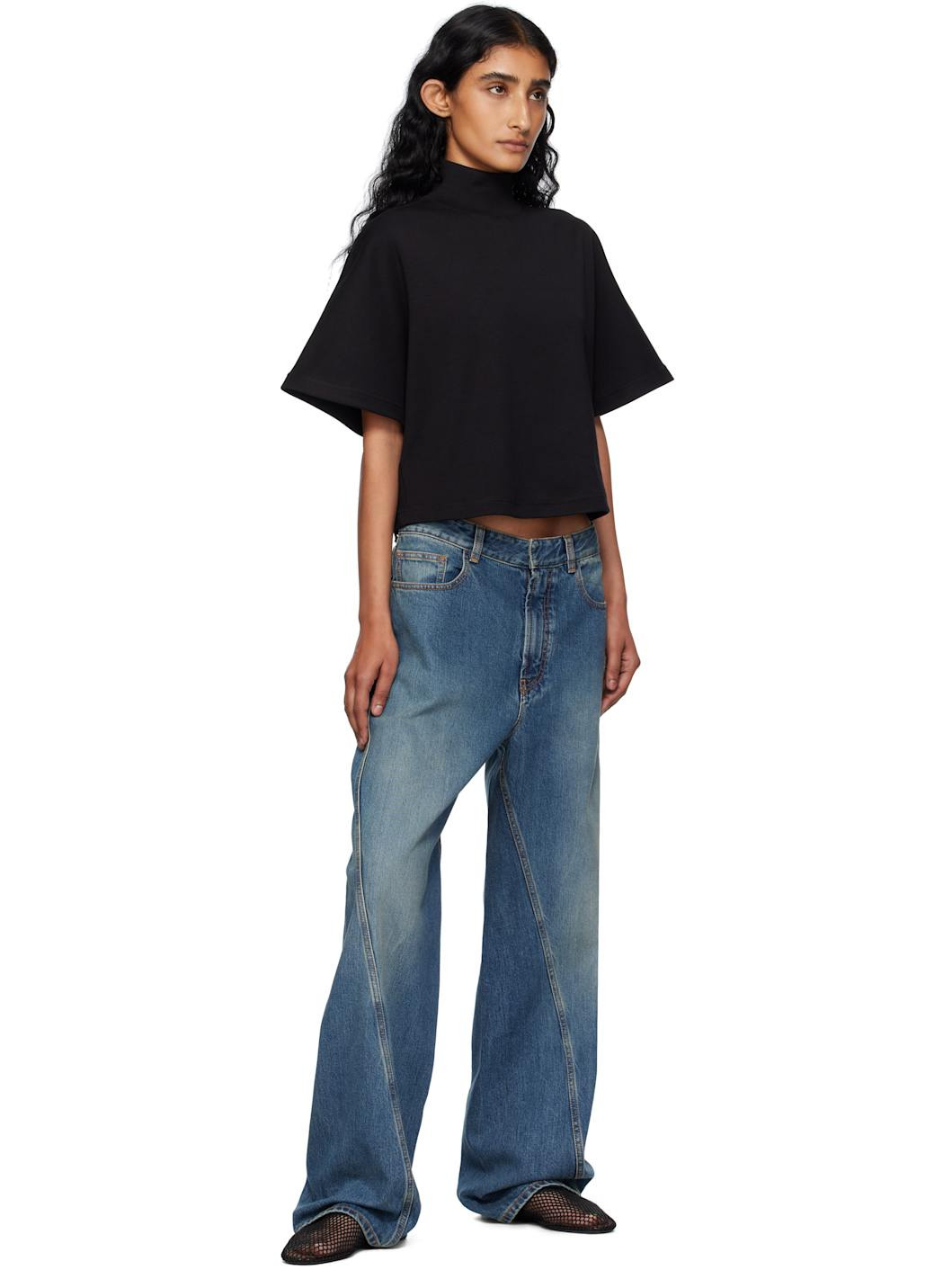 Black Ribbed Cotton High Neck T-shirt - 4