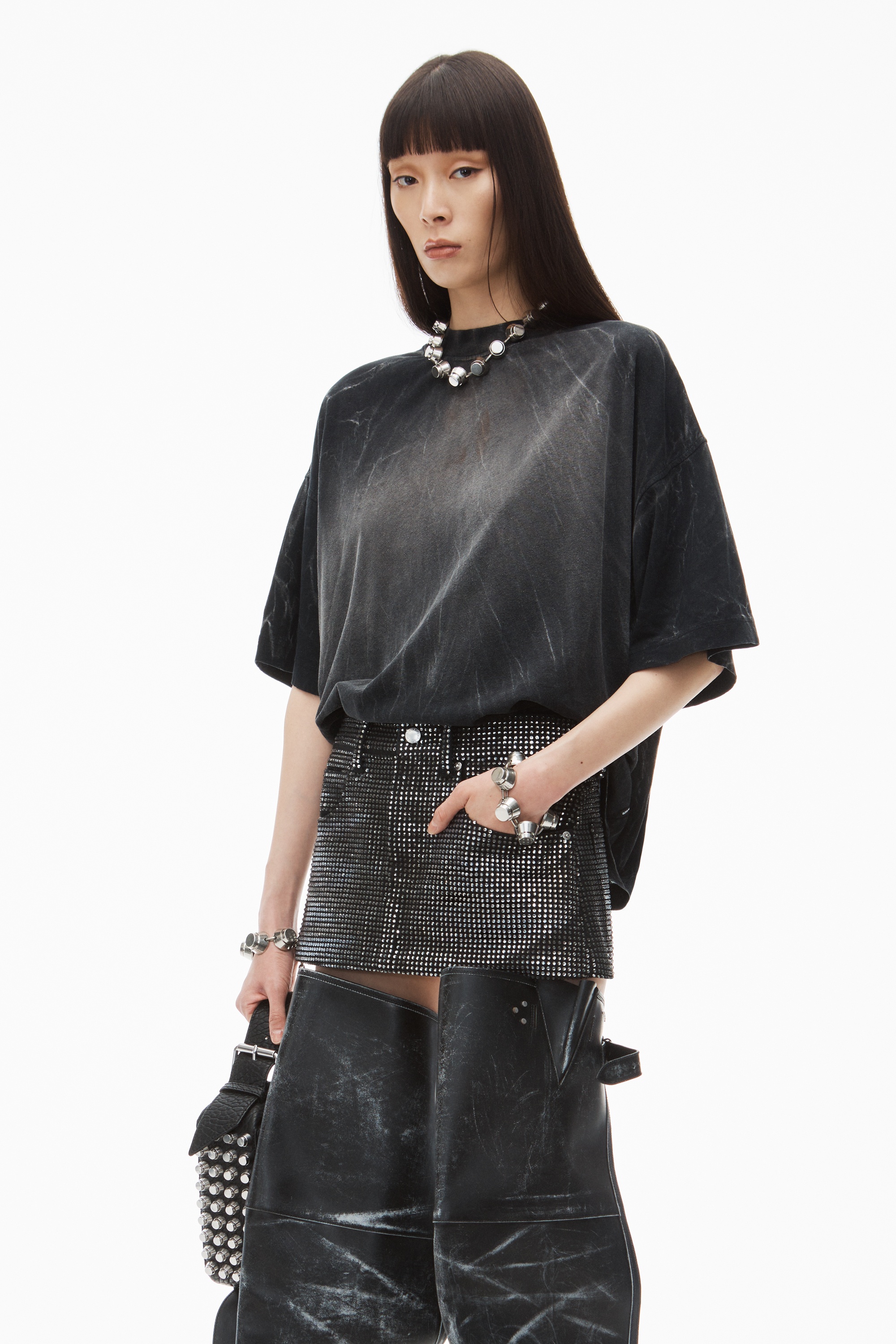Alexander Wang crystal hotfix mini skirt in cotton denim