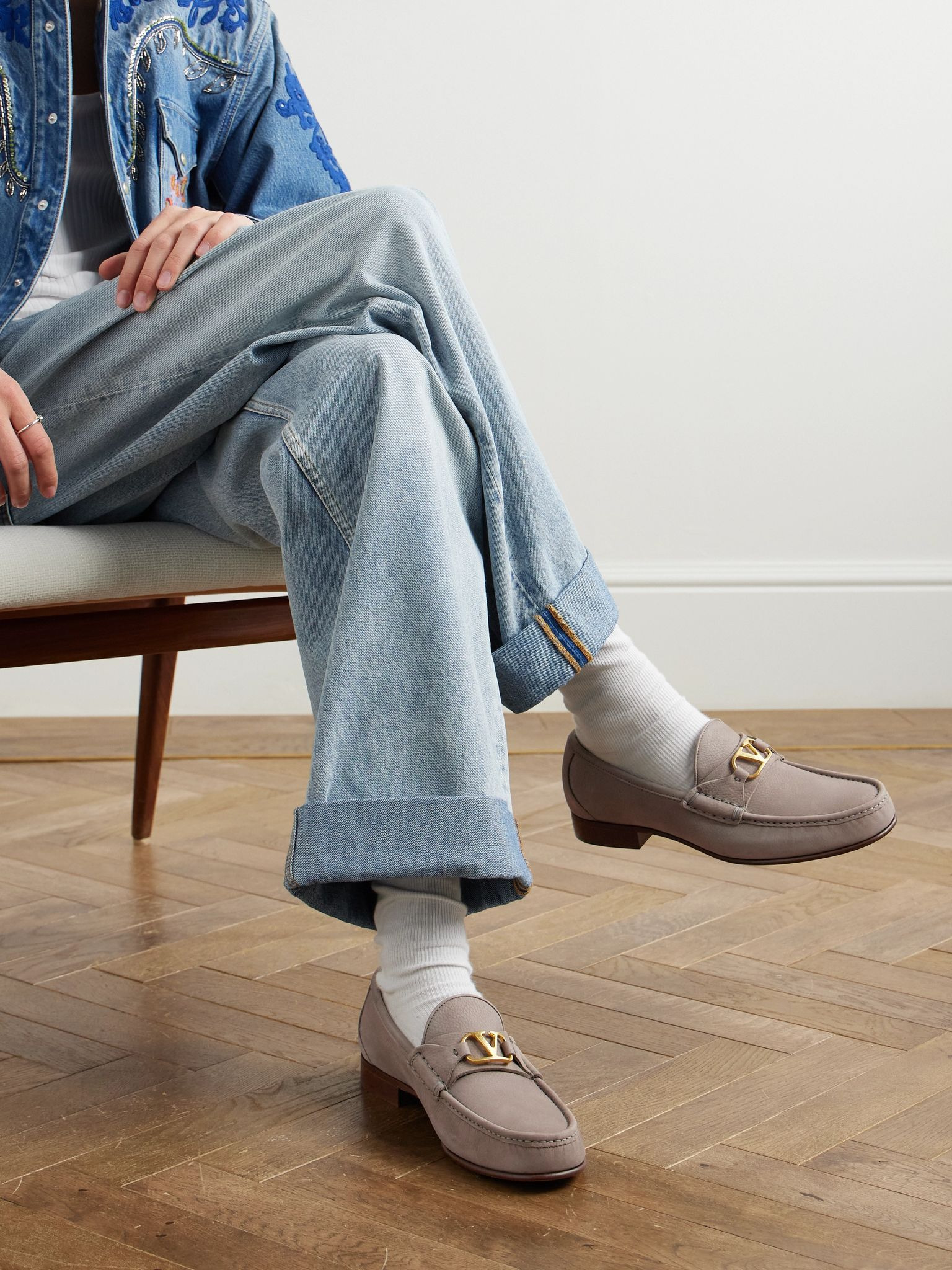 V-Logo Embellished Full-Grain Nubuck Loafers Gray - 2