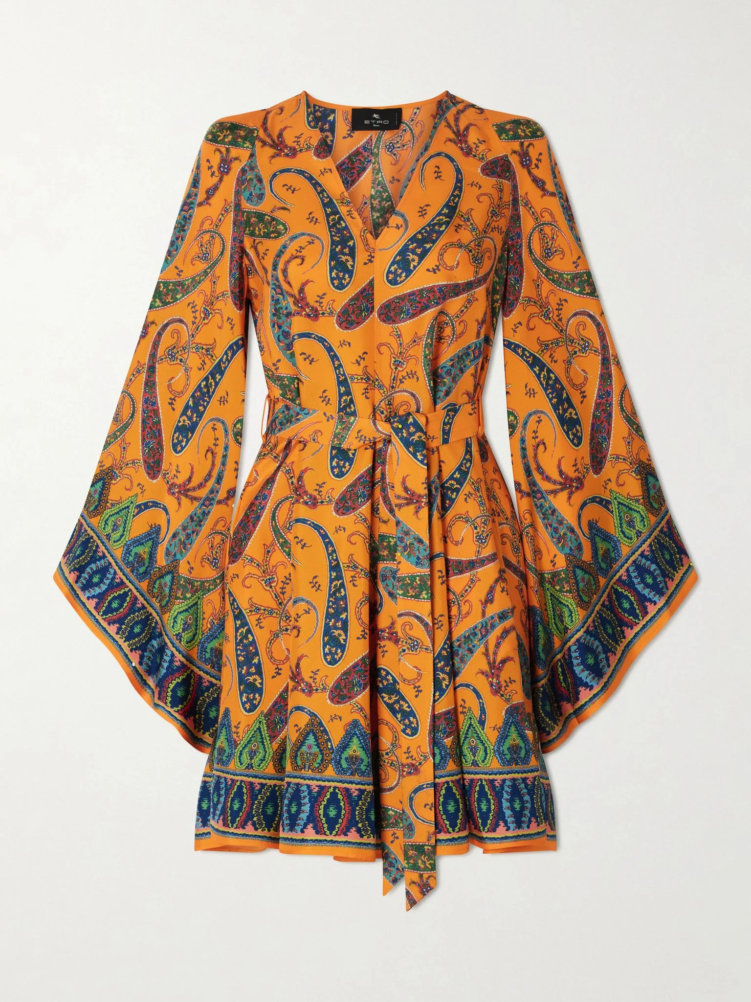 Belted paisley-print silk-twill mini dress Orange - 1