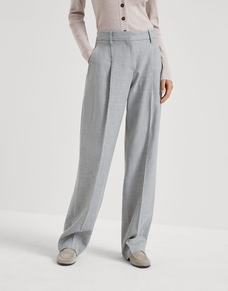 Linen and wool canvas loose straight trousers with monili 1