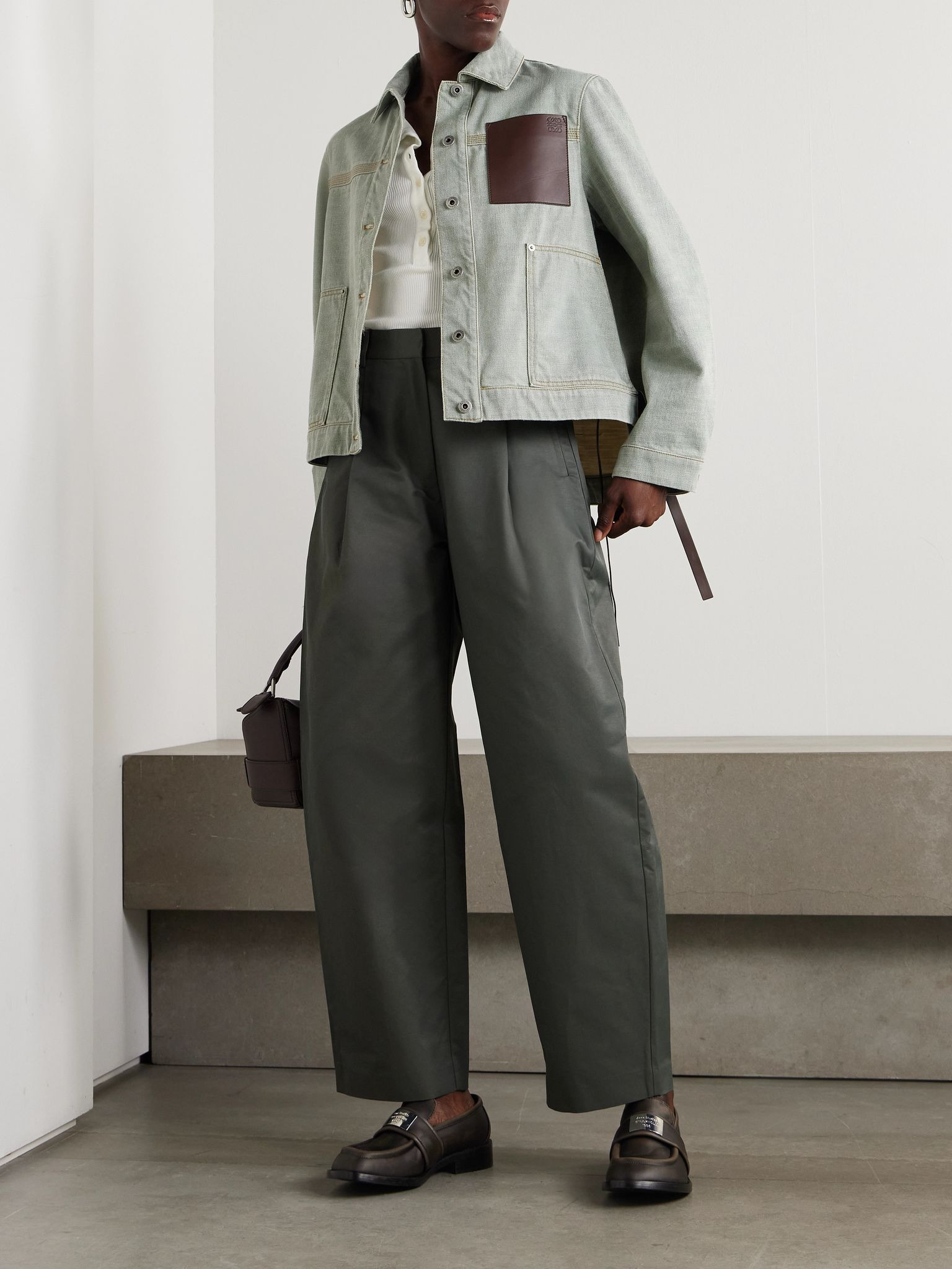 Leather-trimmed denim jacket Green - 2