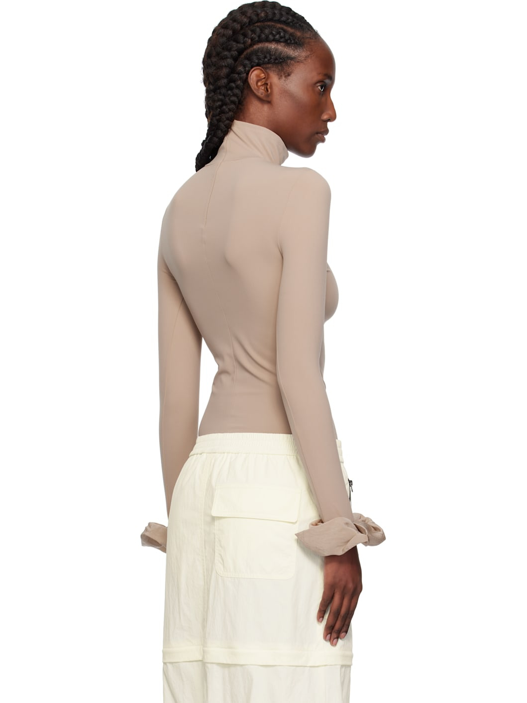Beige Scrunchie Sleeve Jersey Turtleneck - 3