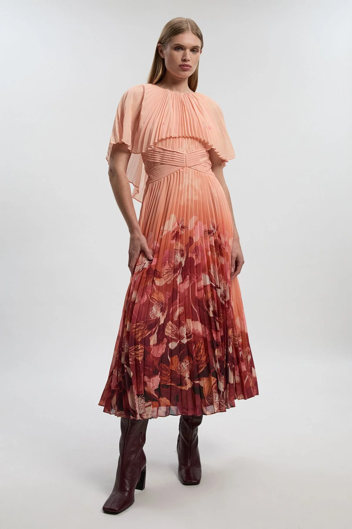 Pleated Floral Cape Sleeve Low Back Maxi Dress - 1