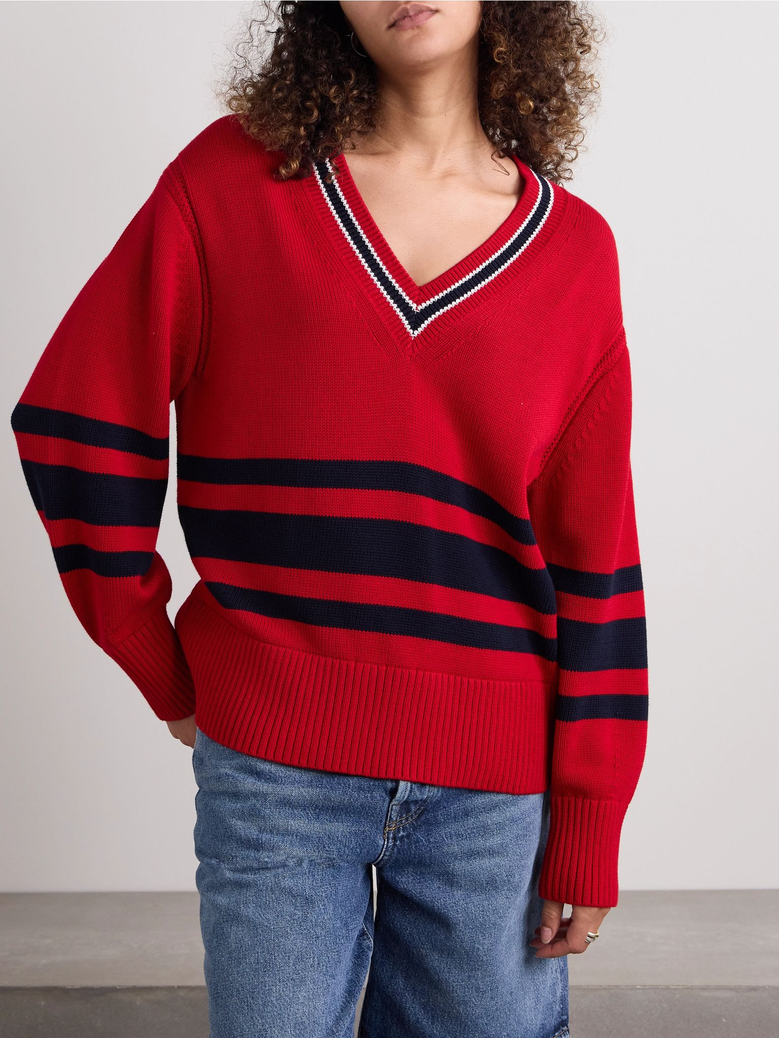 Striped knitted cotton sweater Red - 3