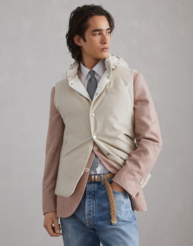 Bonded wool flannel down vest with detachable hood 1