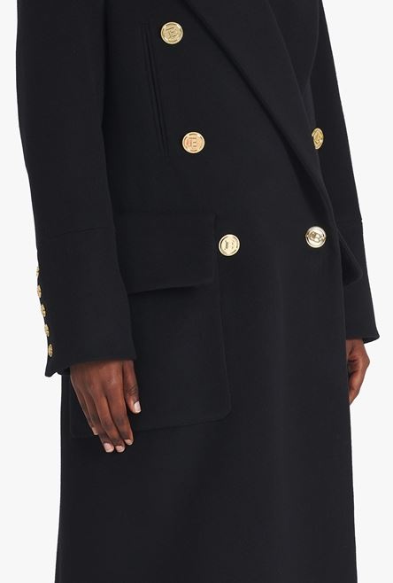 Long black wool coat with double-breasted gold-tone buttoned fastening - 8
