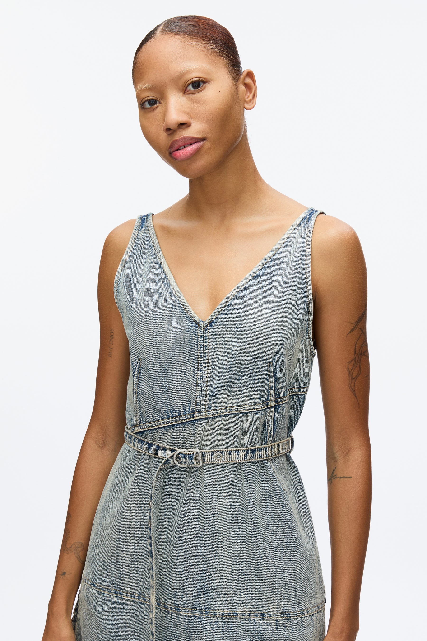 Denim V Neck Dress with Chiffon Hem - 6