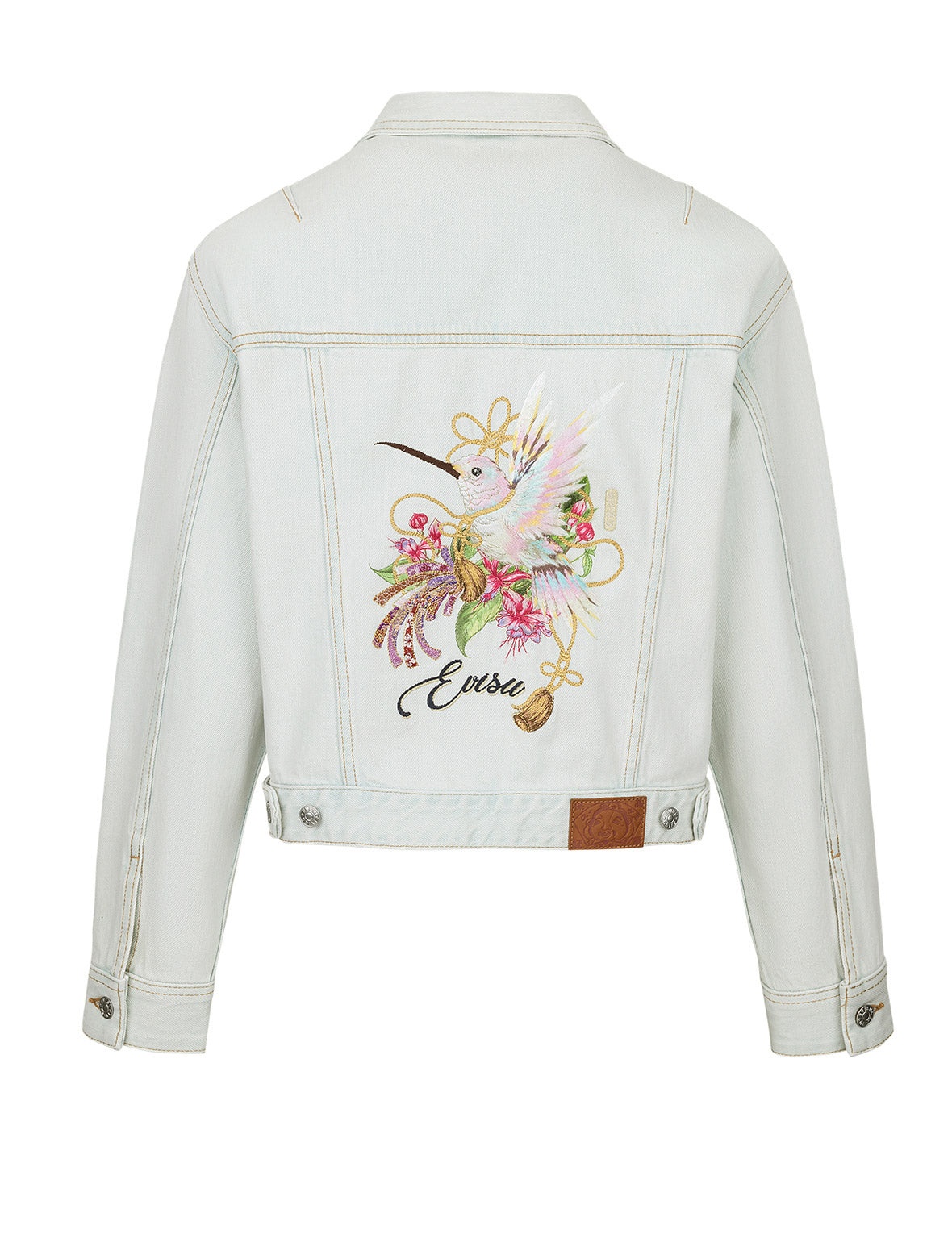 Hummingbird and Magnolia Embroidery Loose Fit Quilted Denim Jacket - 12