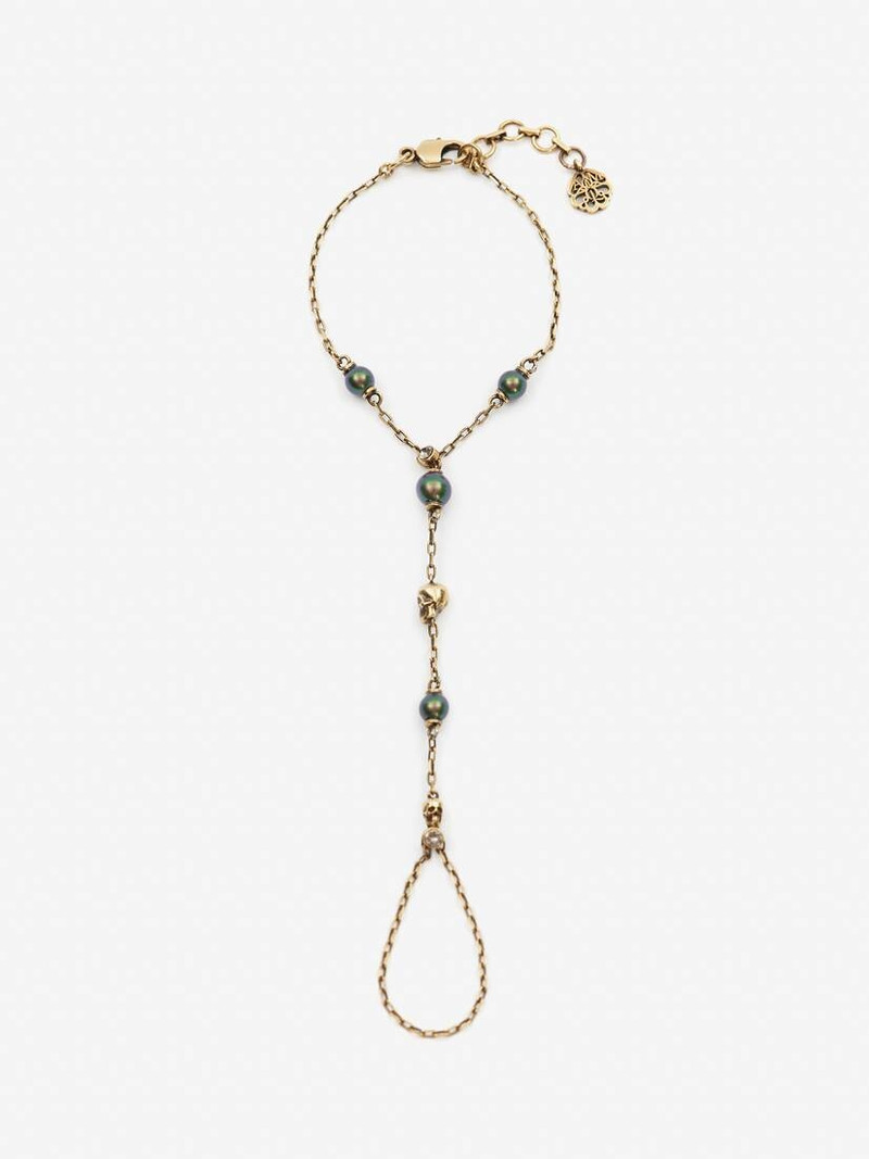 Women's Pearl Skull Hand Jewel Piece in Antique Gold 1