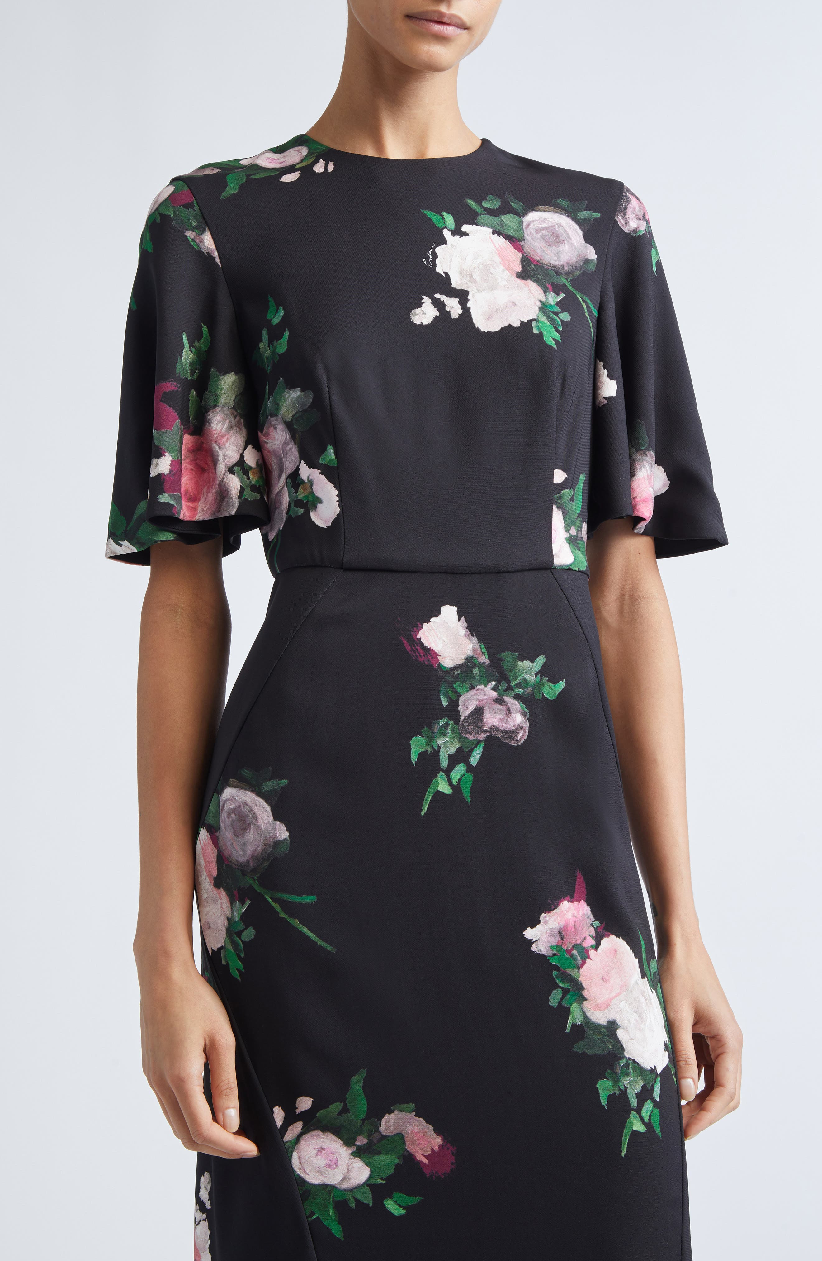 Erdem Floral Flutter Sleeve Stretch Cady Midi Dress in Painted Rose Bouquet Black at Nordstrom - 4