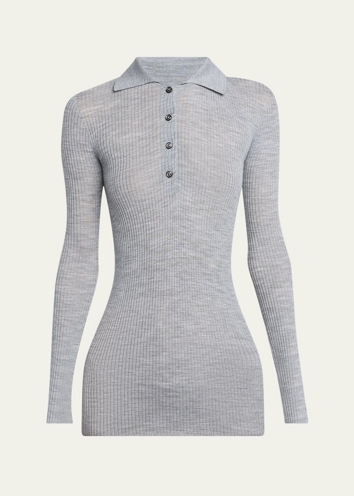 Long-Sleeve Fine Rib Polo Top - 1