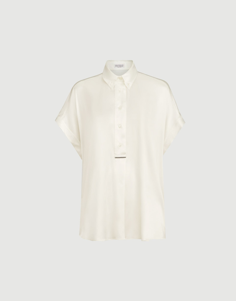 Stretch silk satin short sleeve shirt with monili 1