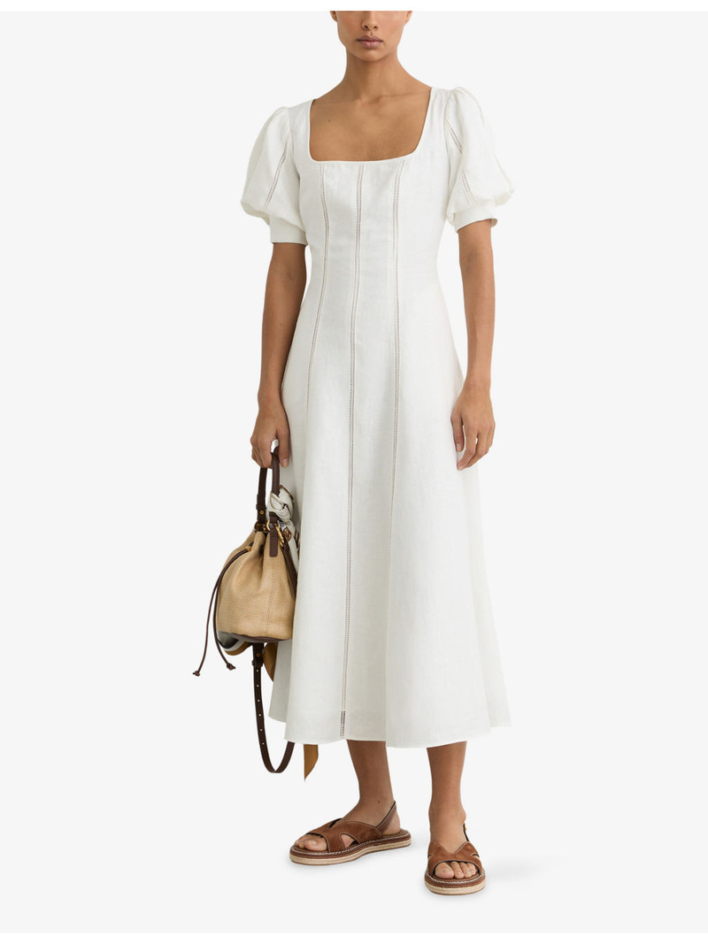 REISS Riva Puff-Sleeved Linen Midi Dress outlook