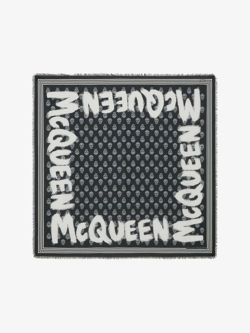 Men's McQueen Graffiti Biker Scarf in Black/ivory 1