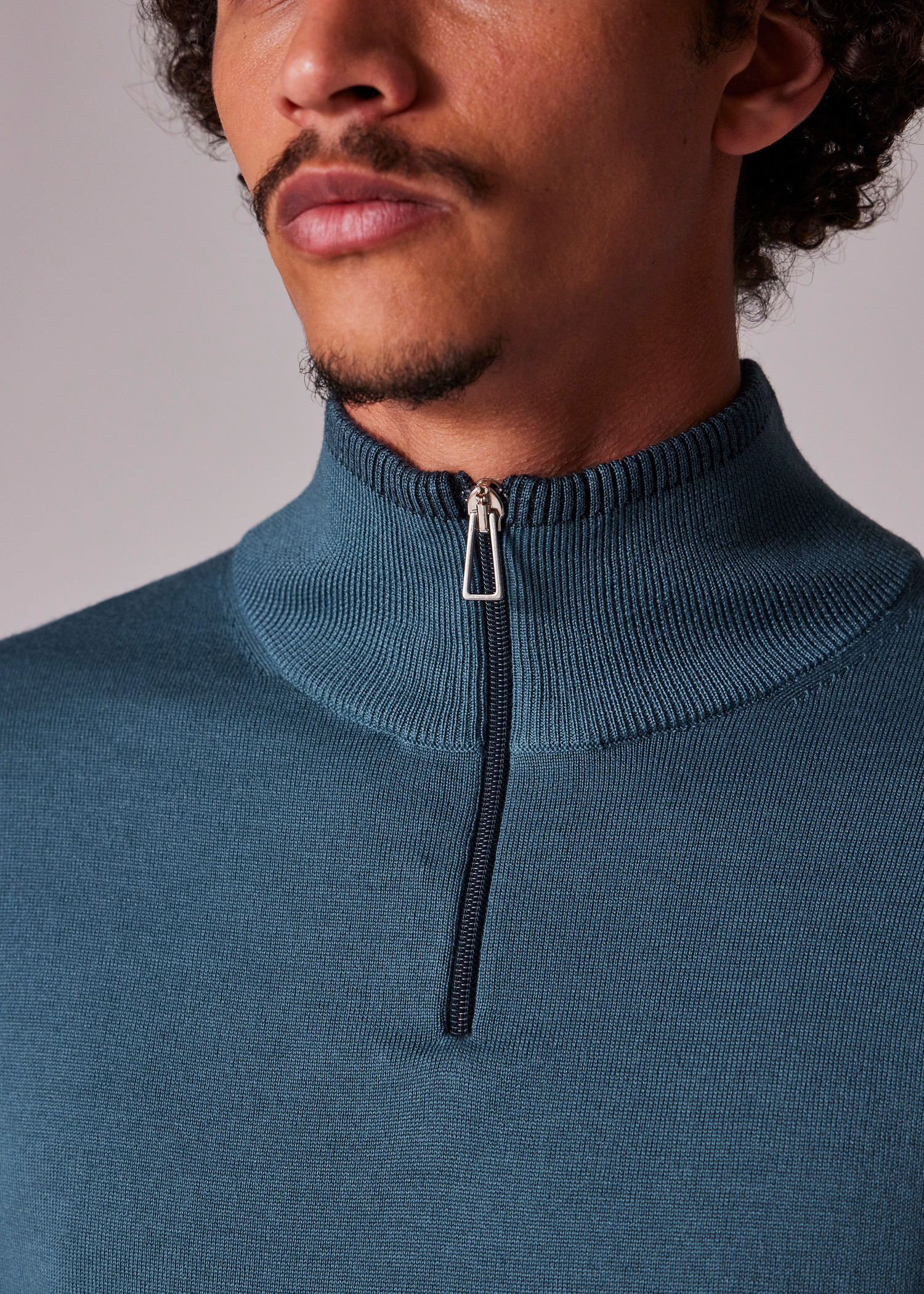Petrol Blue Merino Wool Half Zip Sweater - 3