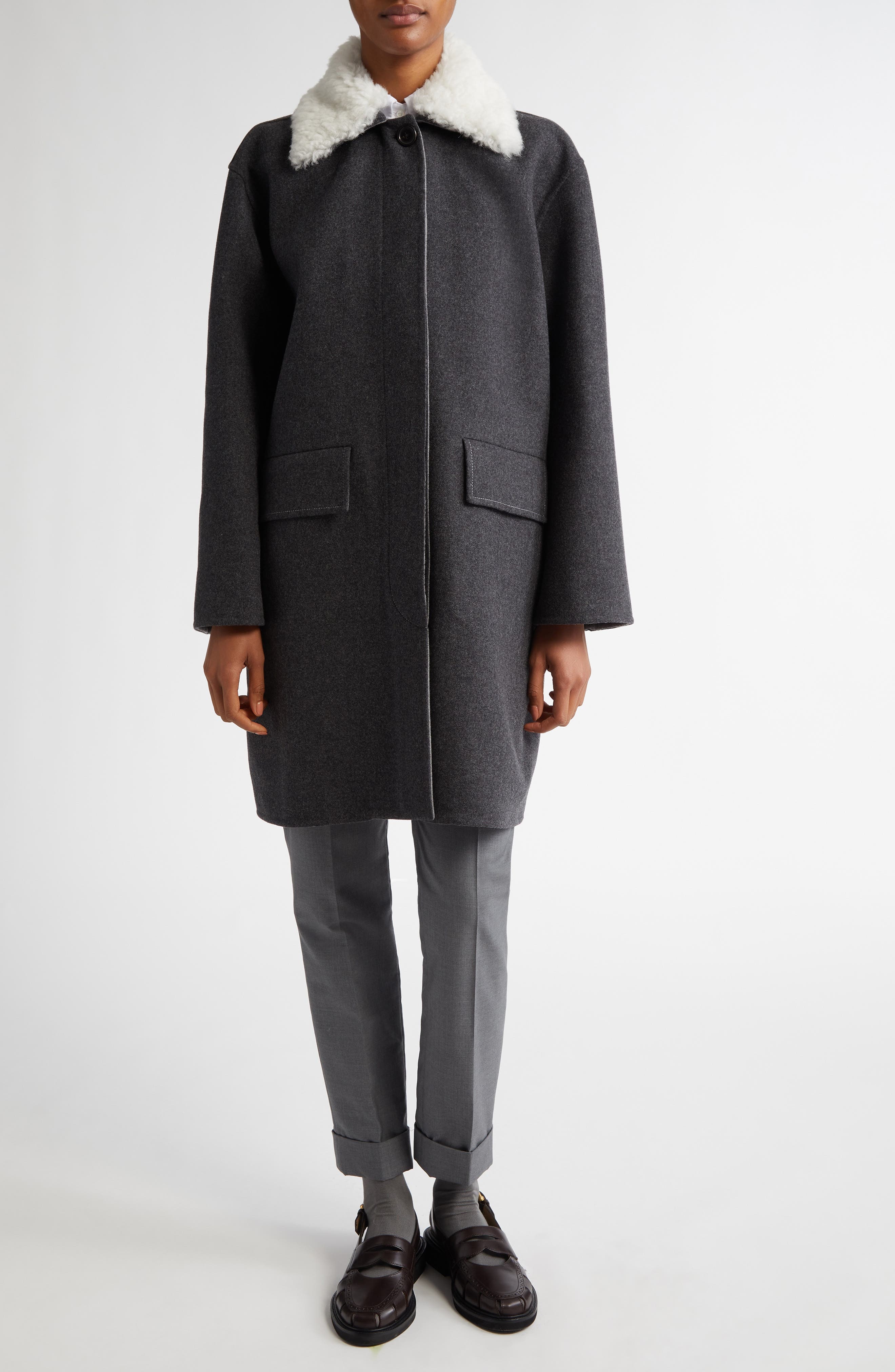 Thom Browne Bal Wool & Cashmere Coat with Removable Genuine Shearling Collar in Medium Grey at Nords - 2