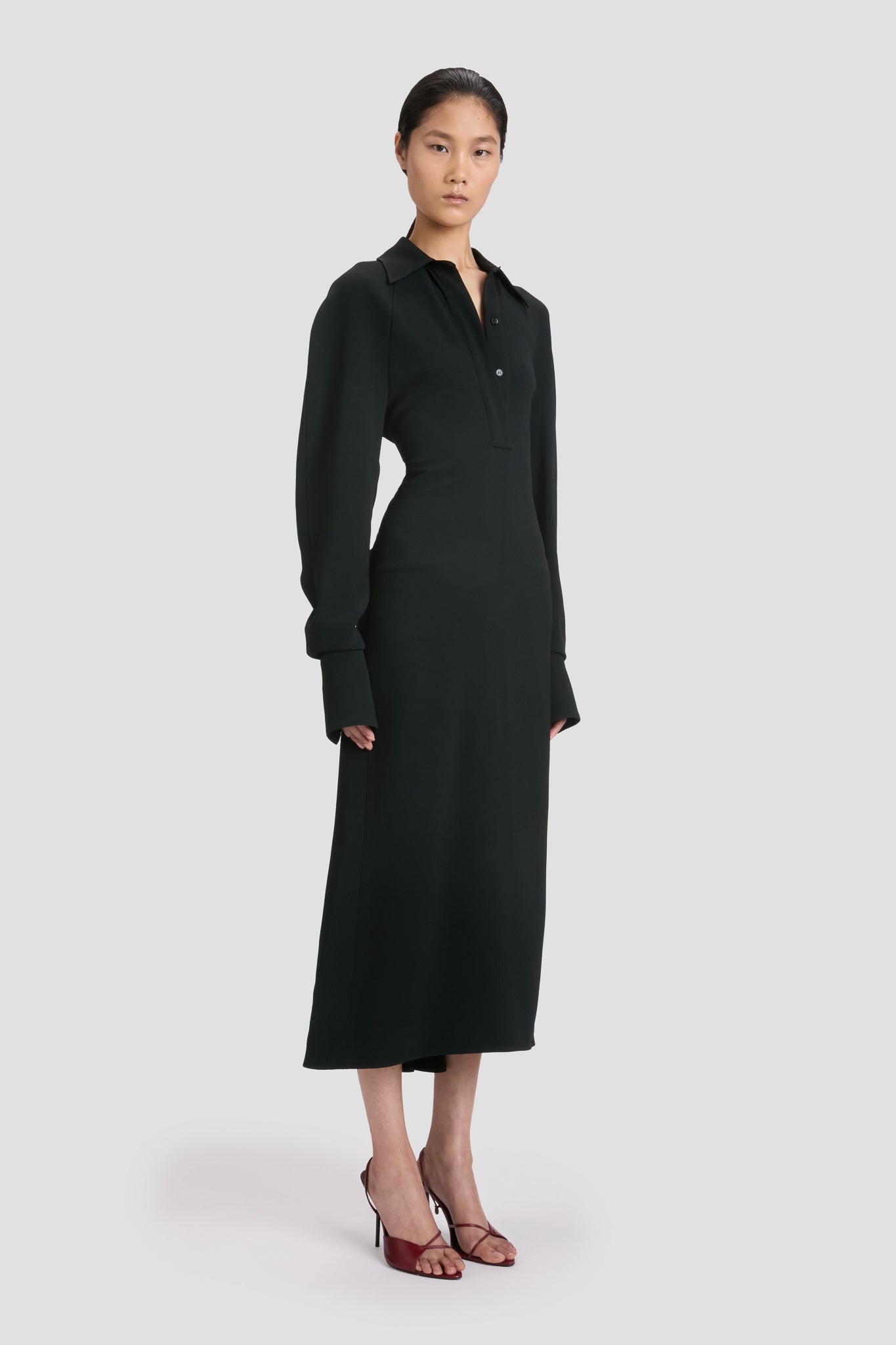 Long Sleeve Polo Collar Midi Dress In Black - 3
