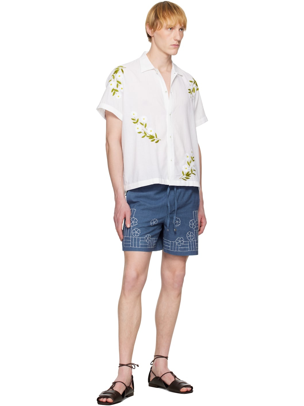 Navy Embroidered Floral Shorts - 4