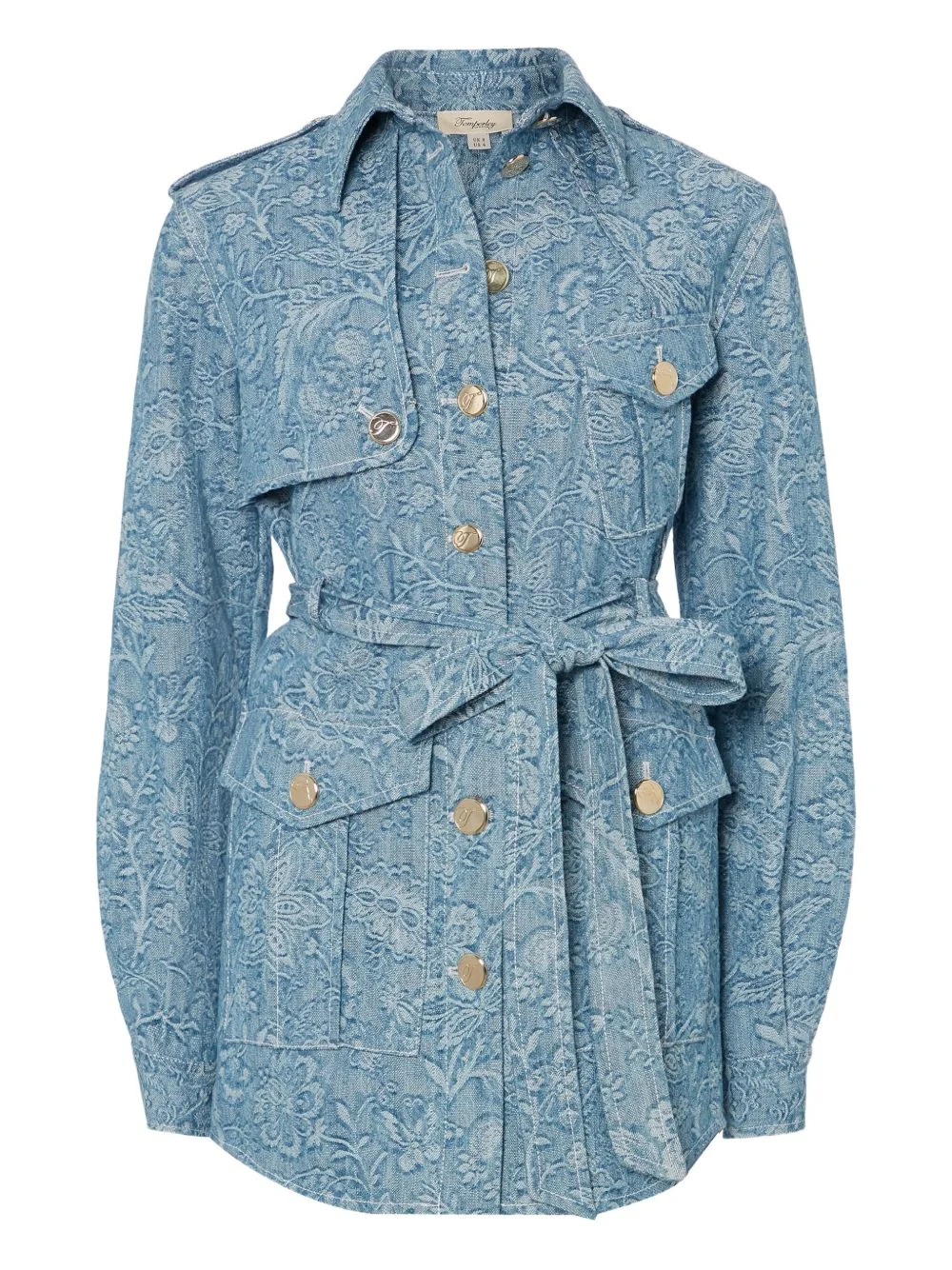 floral-print belted denim jacket - 1