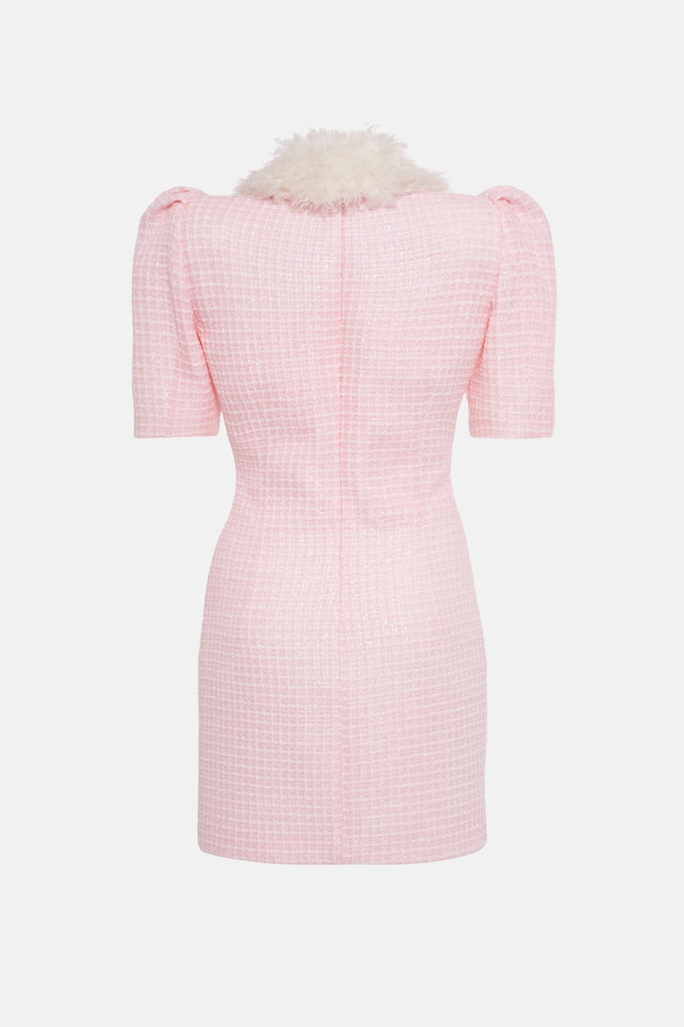 SEQUIN CHECKED TWEED MINI DRESS W/ WOOL FUR COLLAR - 2
