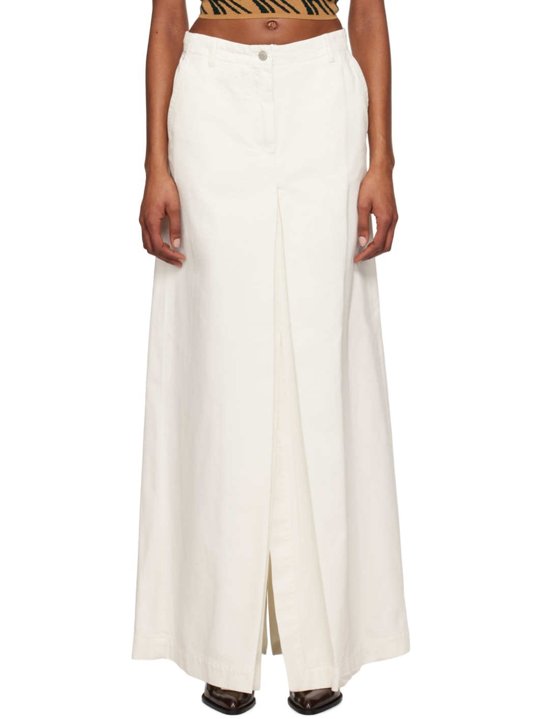 White Pleated Denim Maxi Skirt - 1