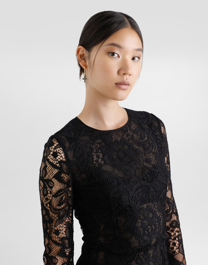 Flared calf-length floral lace dress with contrasting lining 5
