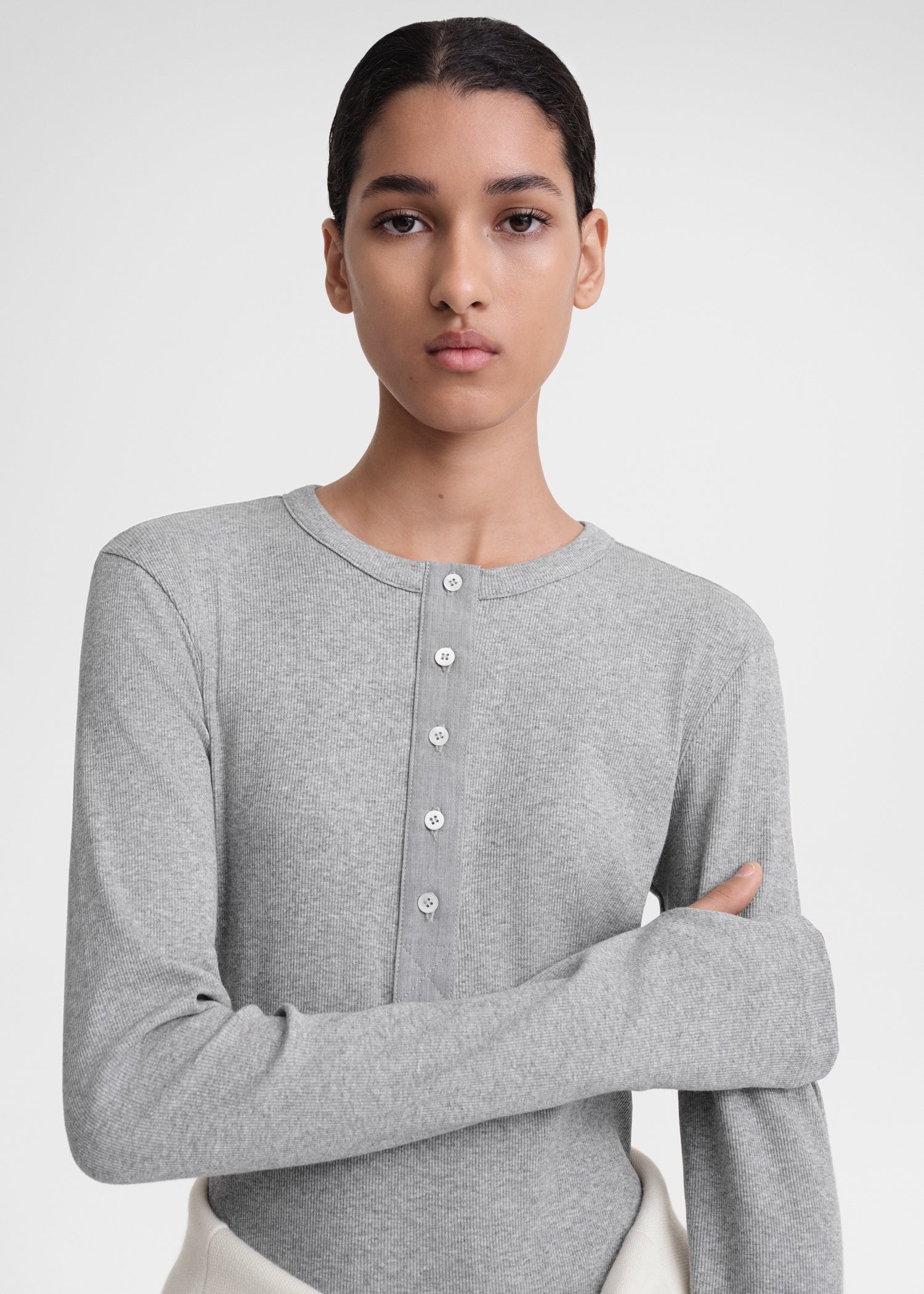 Classic rib henley top grey melange - 5