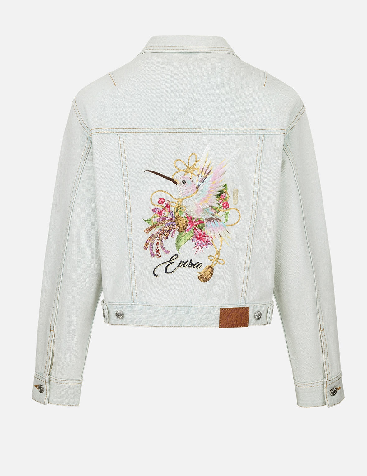 Hummingbird and Magnolia Embroidery Loose Fit Quilted Denim Jacket - 2