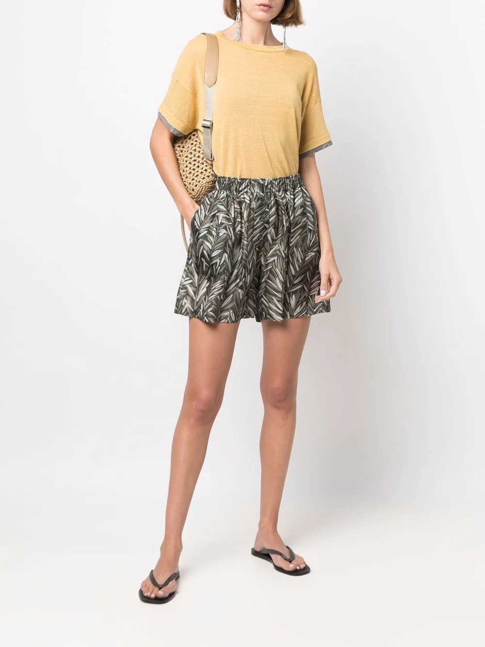 leaf-print silk shorts - 2