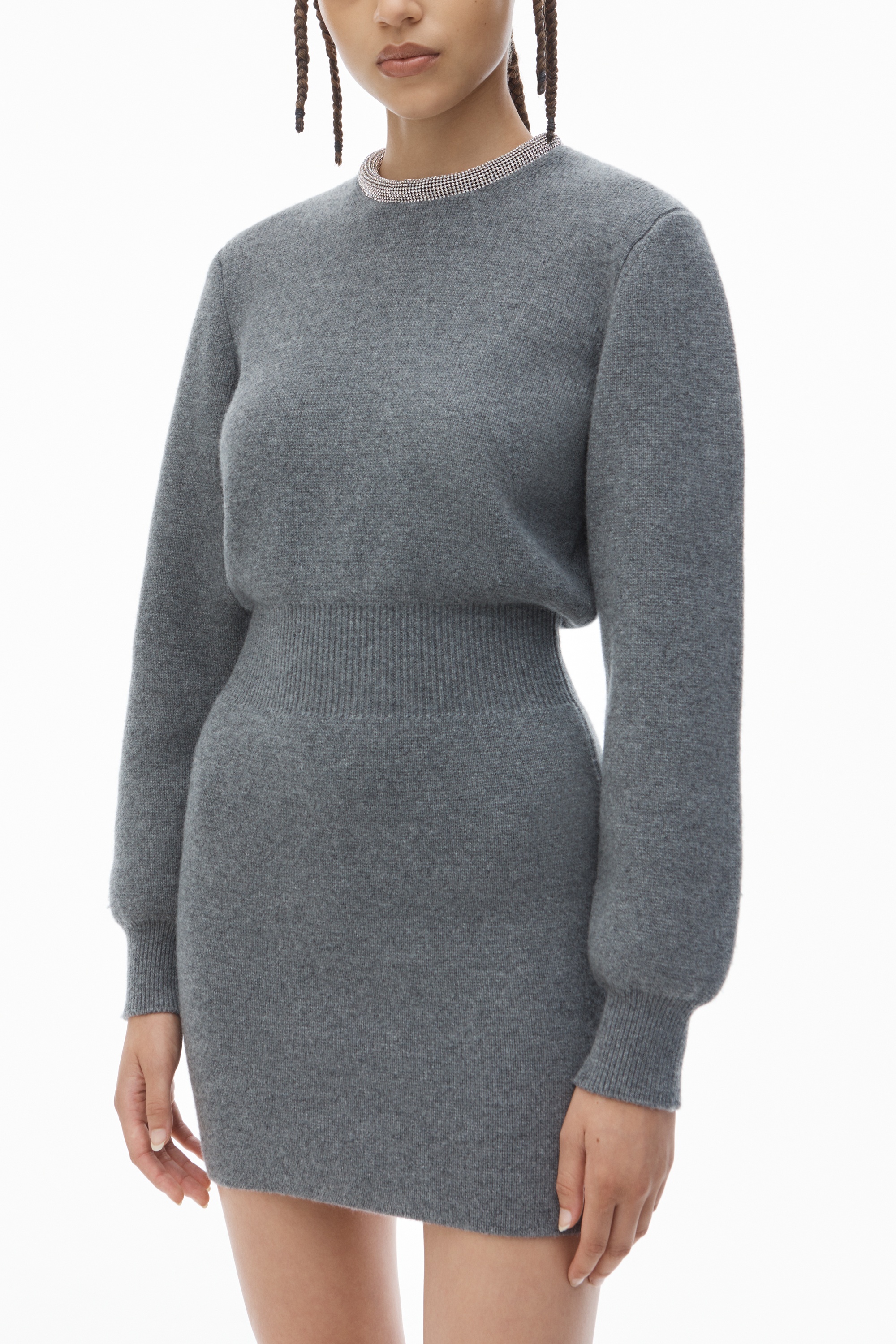 Long Sleeve Dress in Wool Blend with Crystal Hotfix Trim - 3