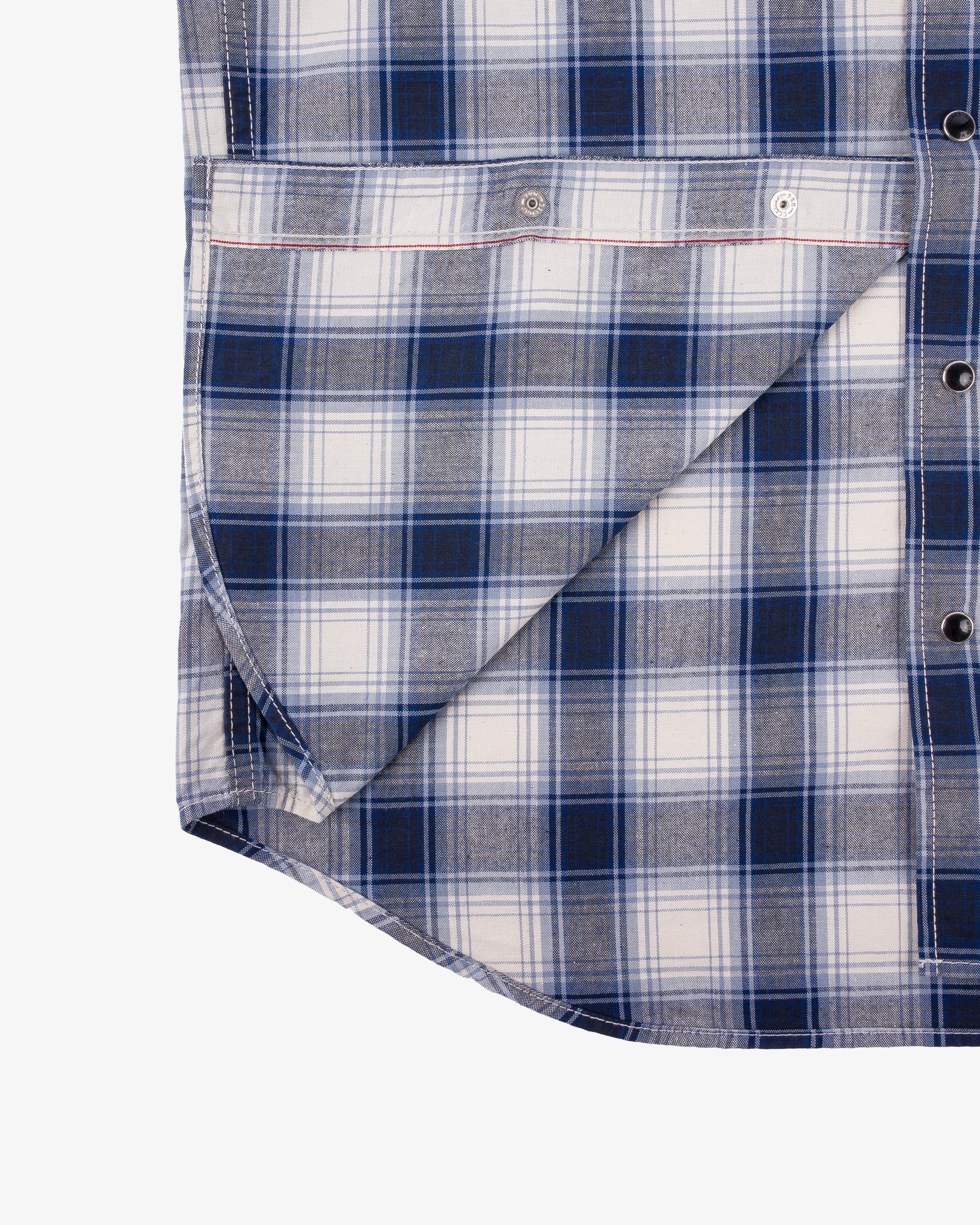 IHSH-418-BLU 5oz Selvedge Madras Check Short Sleeve Western Shirt Blue - 4