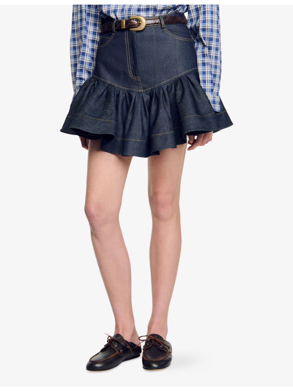 Ruffle-Hem Side-Pocket Denim Mini Skirt - 3