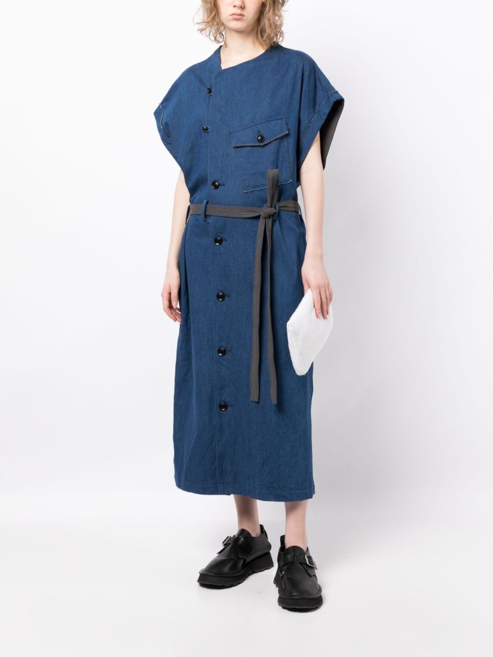 belted-waist twill denim dress - 2