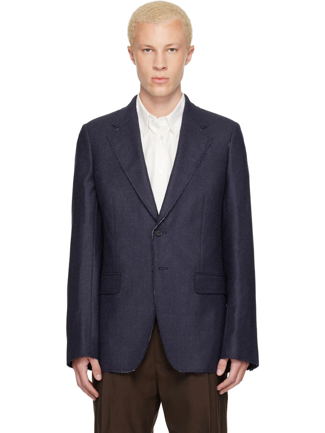 Navy Raw Edges Wool Twill Blazer - 1