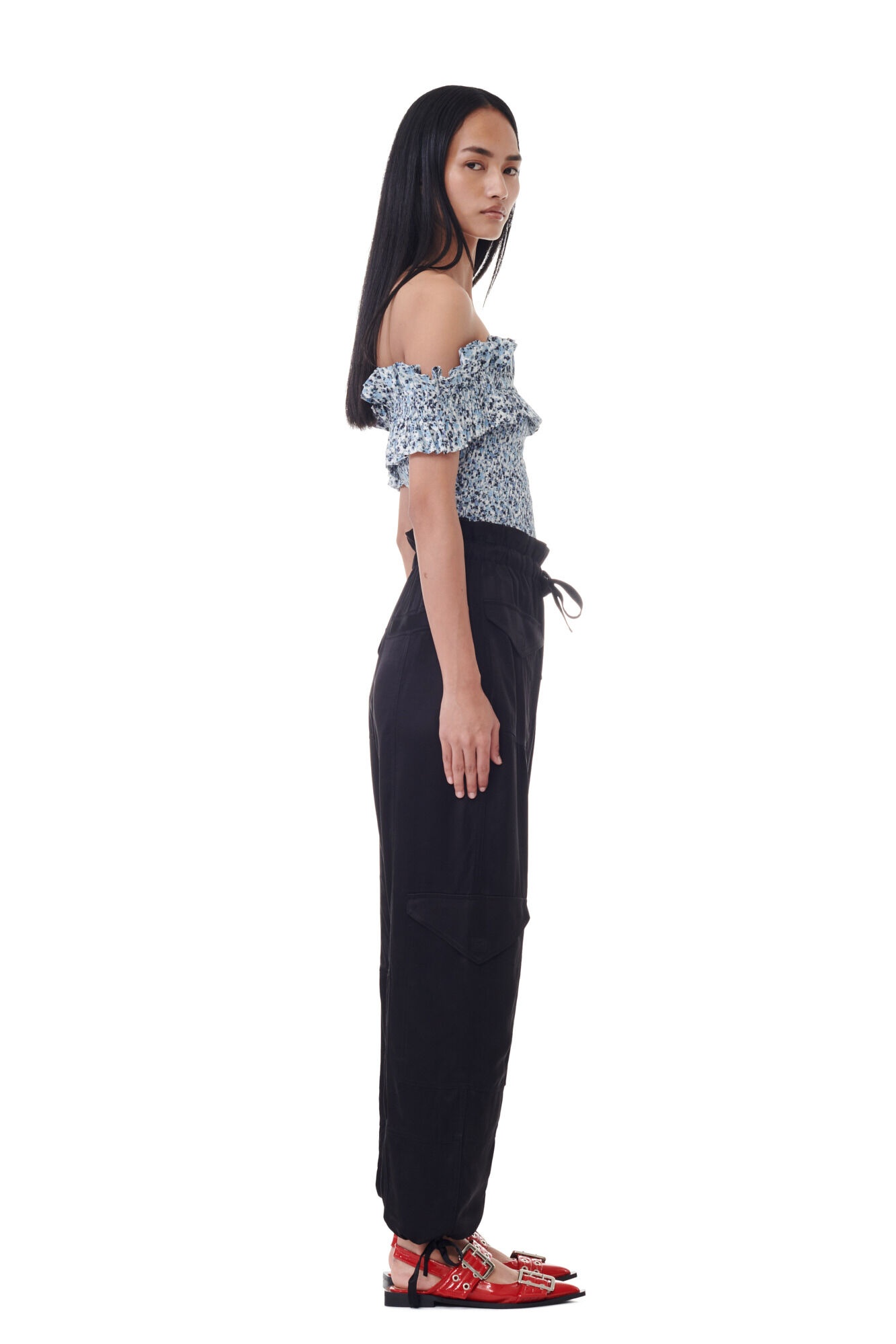 BLACK WASHED SATIN POCKET PANTS - 7