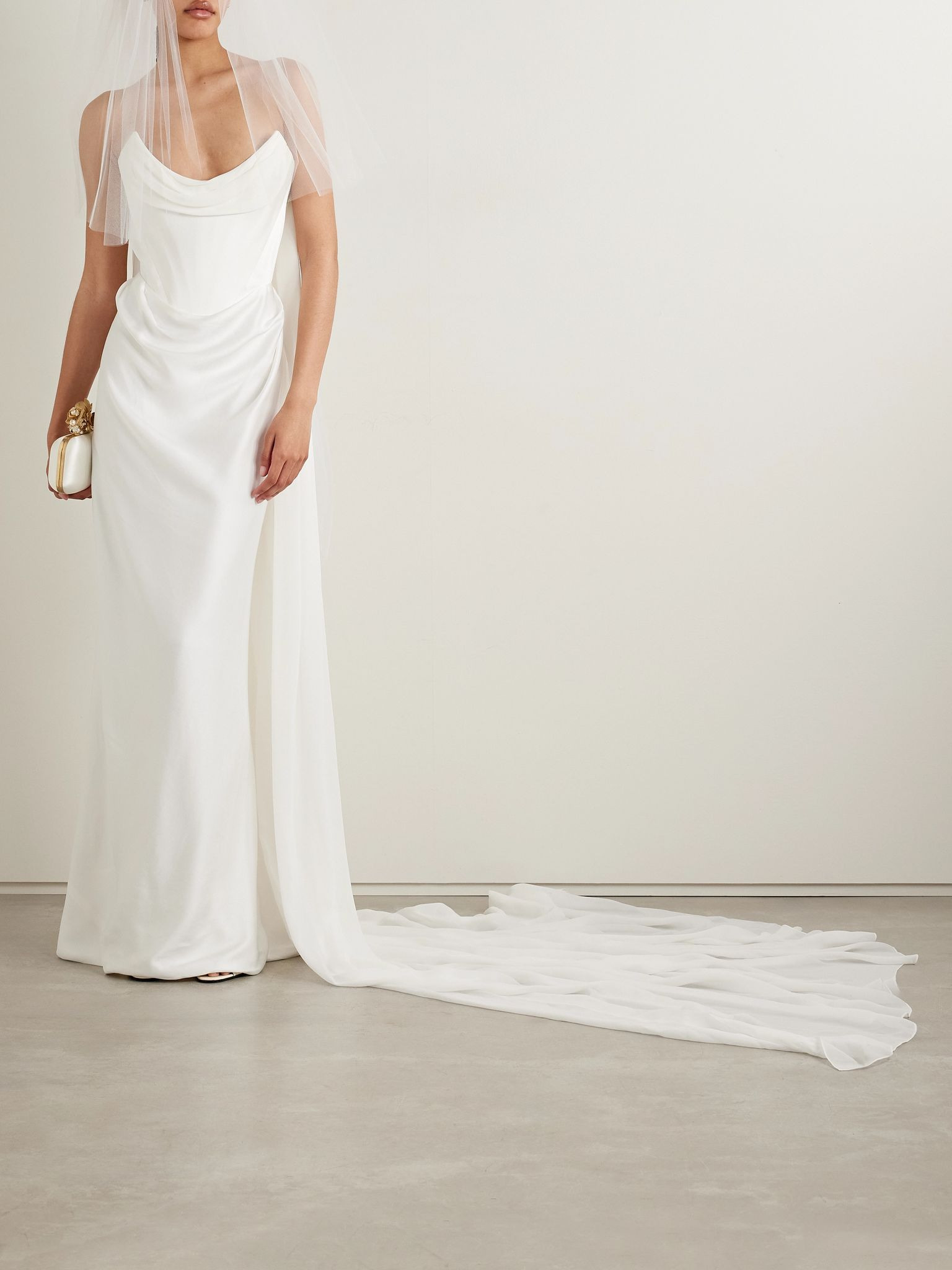 Galaxy cape-effect strapless organic silk chiffon-trimmed satin gown Off-white - 2