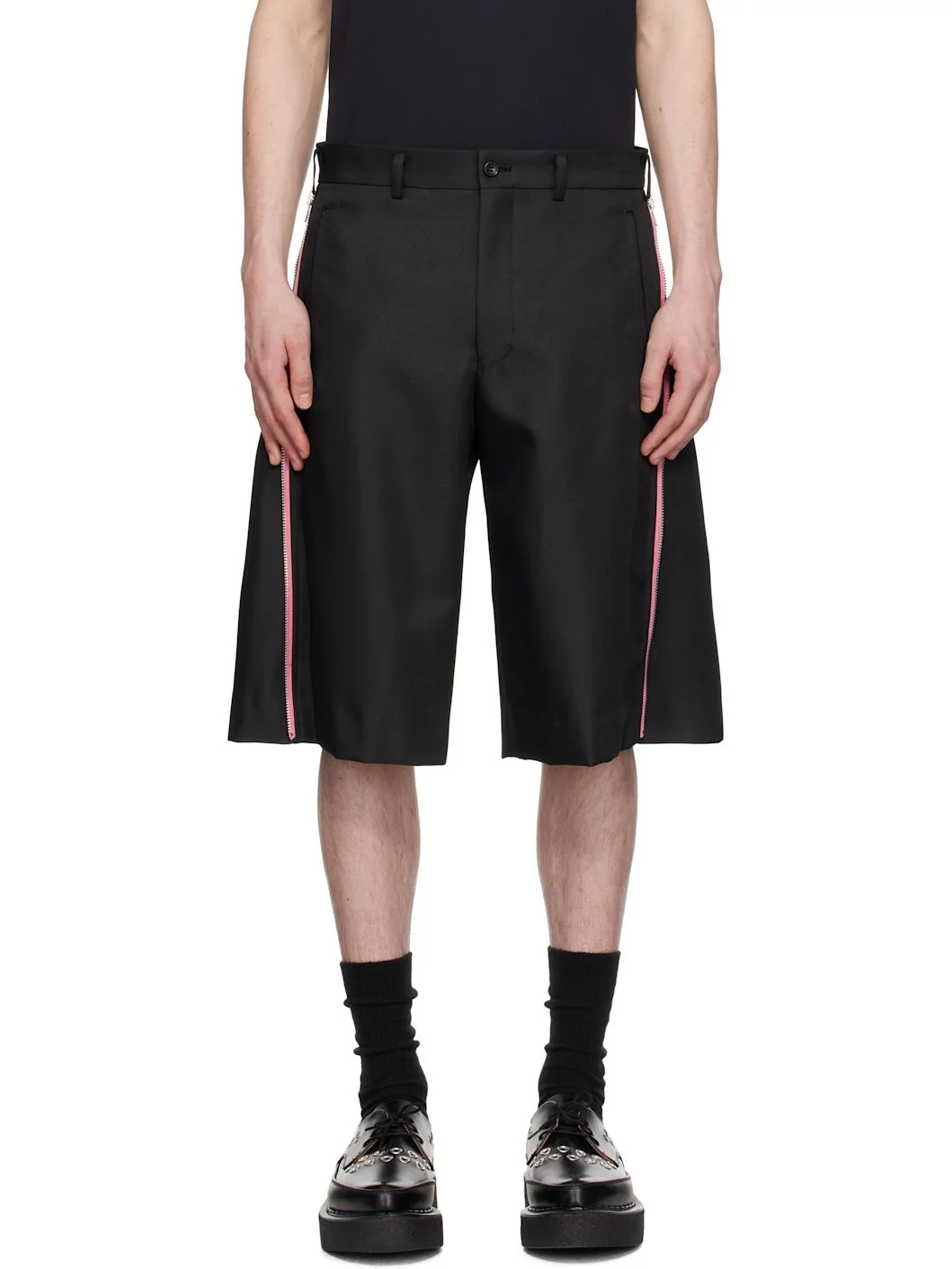 Black & Pink Thick Gabardine Zip Shorts - 1