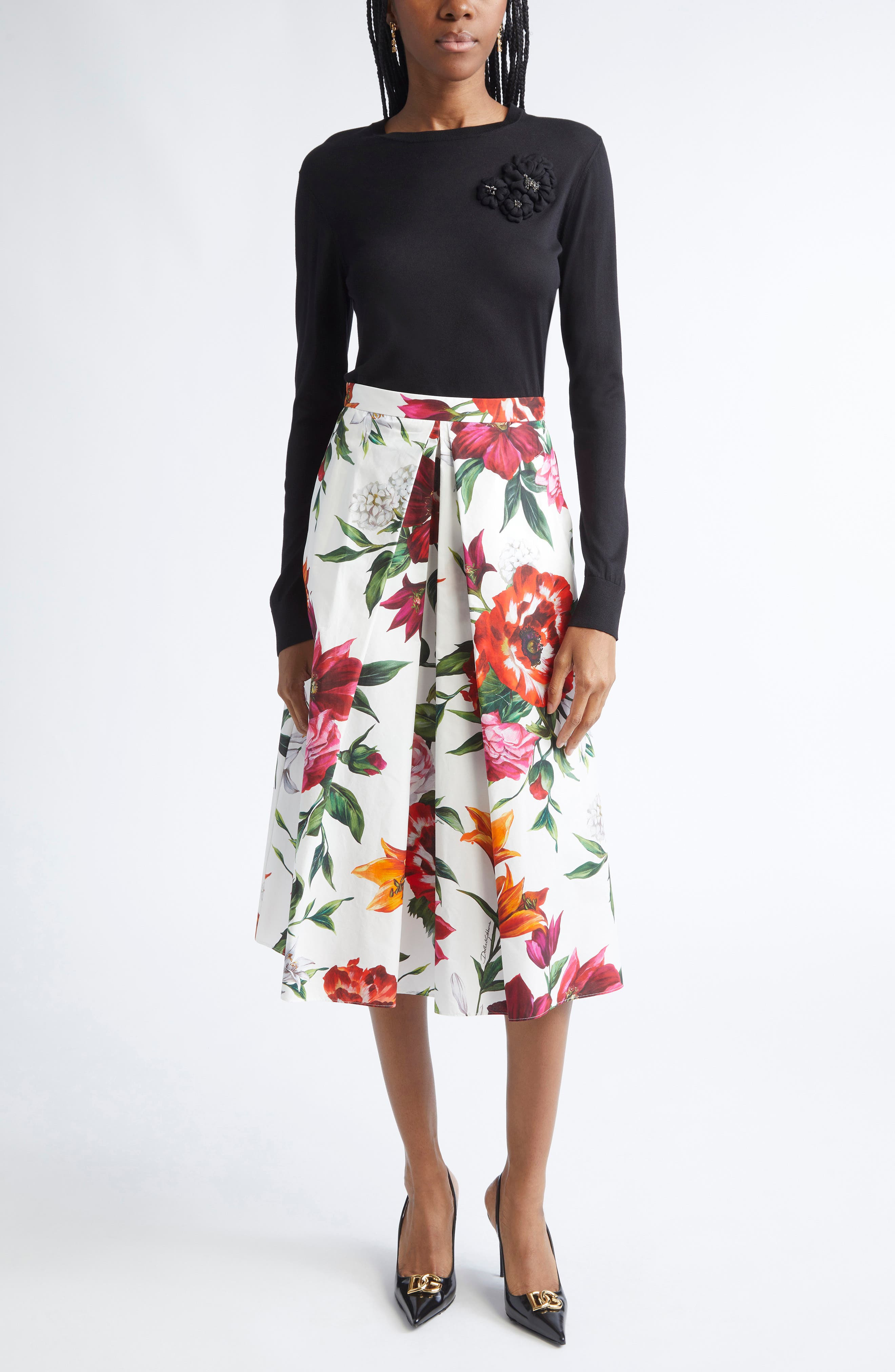 Dolce&Gabbana Floral Pleated Cotton Poplin Skirt in Ha5Pb Anemoni Gigli F.bco at Nordstrom - 2