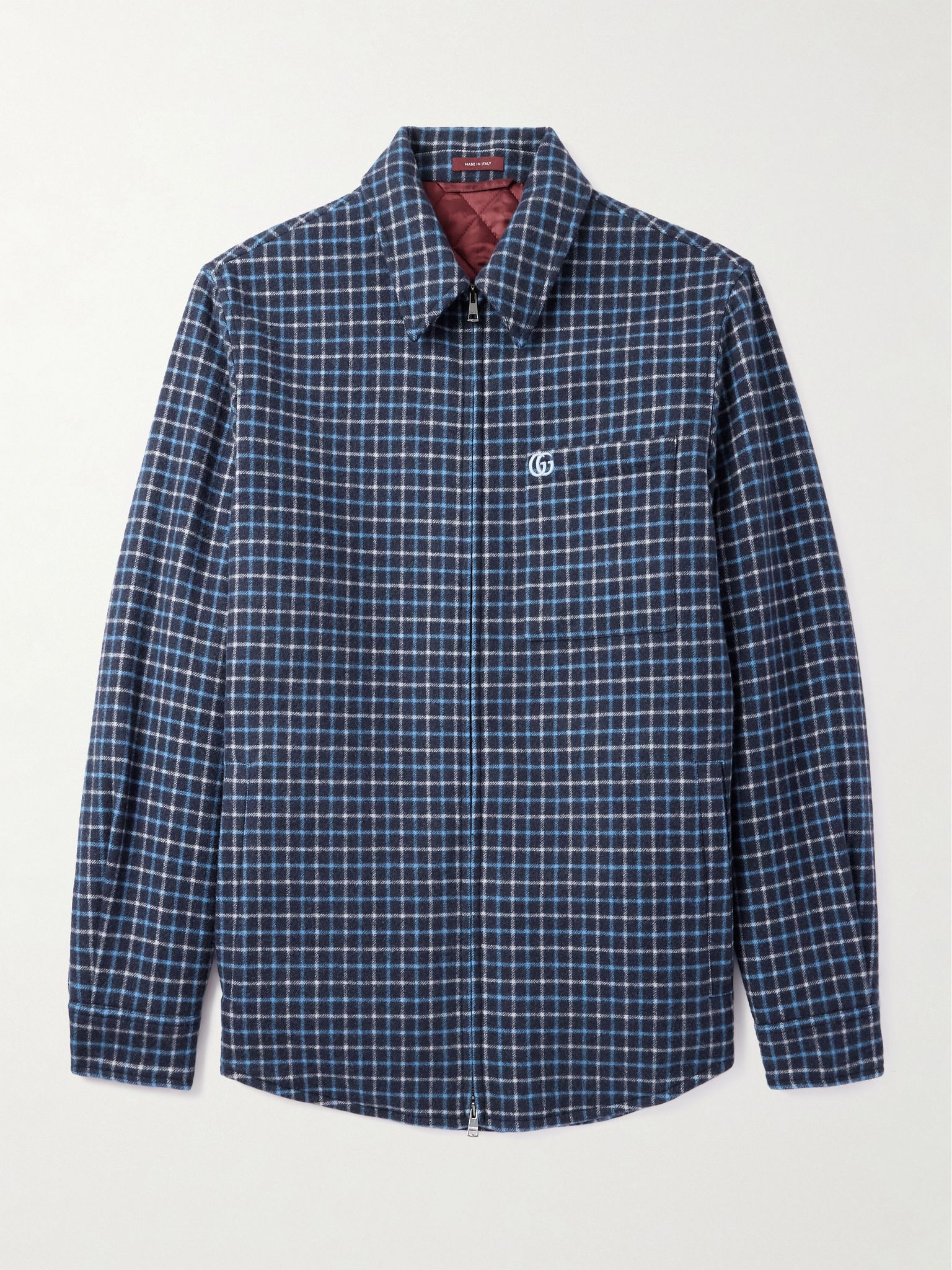 Padded Checked Brushed Wool-Blend Flannel Overshirt Navy - 1