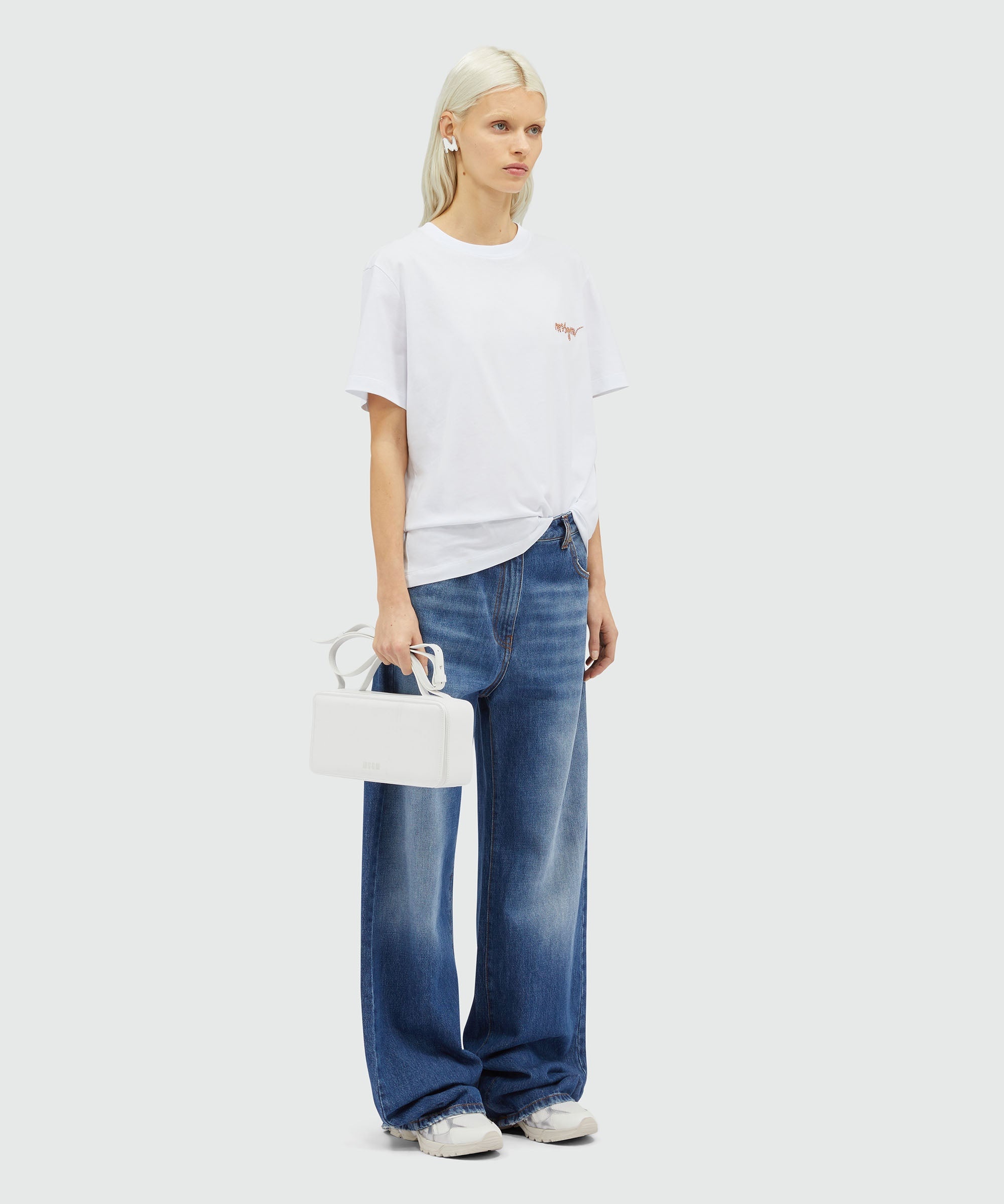 Wide-leg pre-washed effect blue denim pants - 4