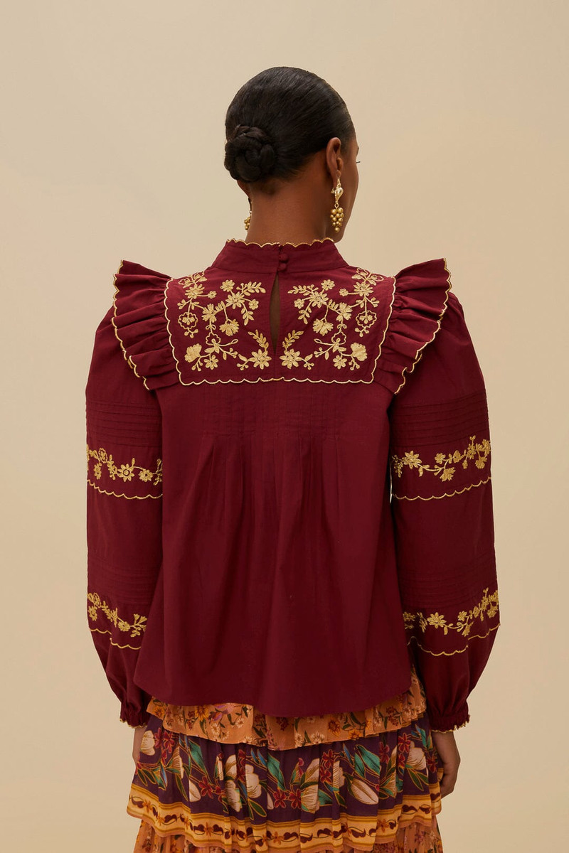Burgundy Golden Embroidered Organic Cotton Blouse 4