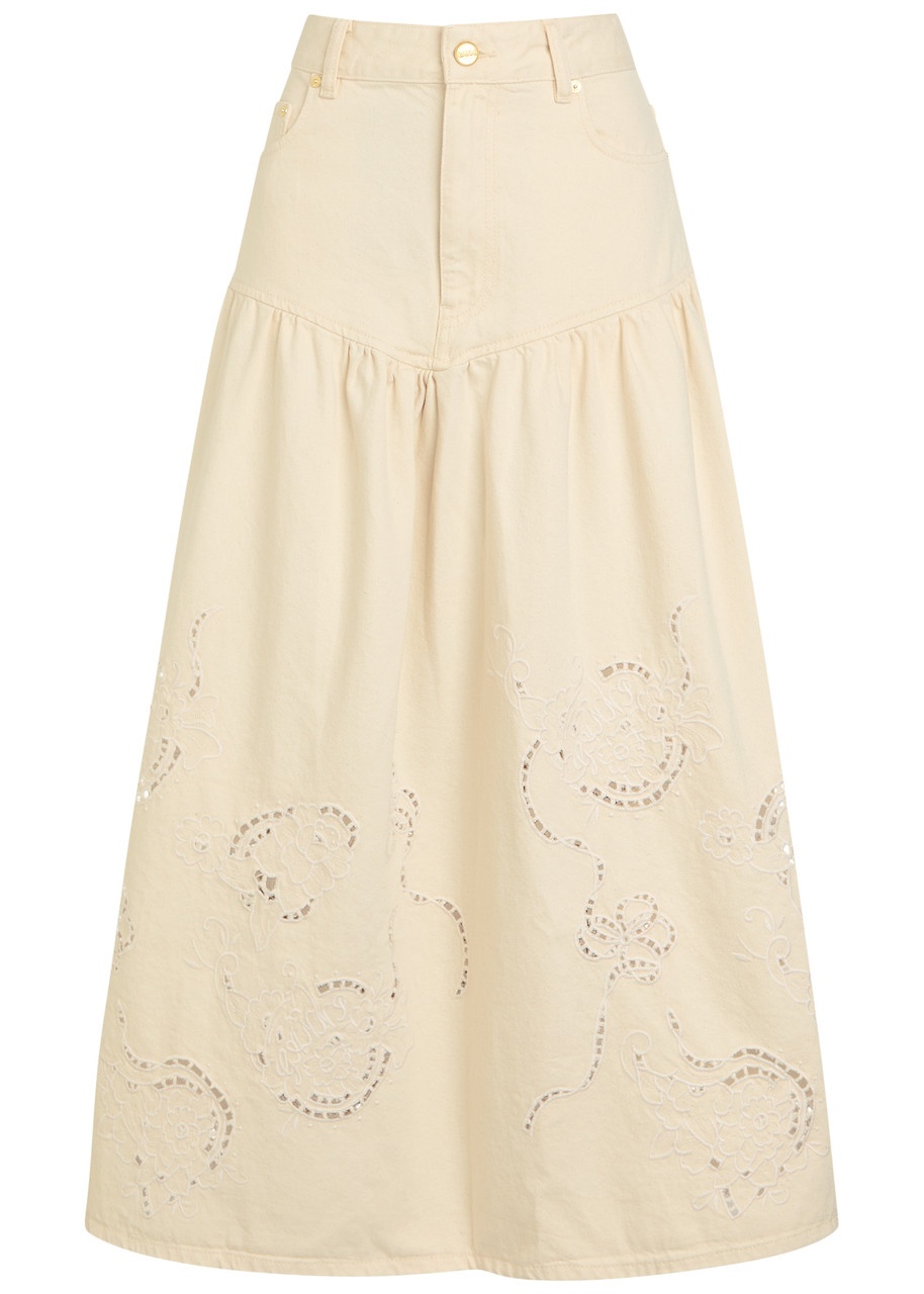 Ganni Embroidered Denim Midi Skirt - 1