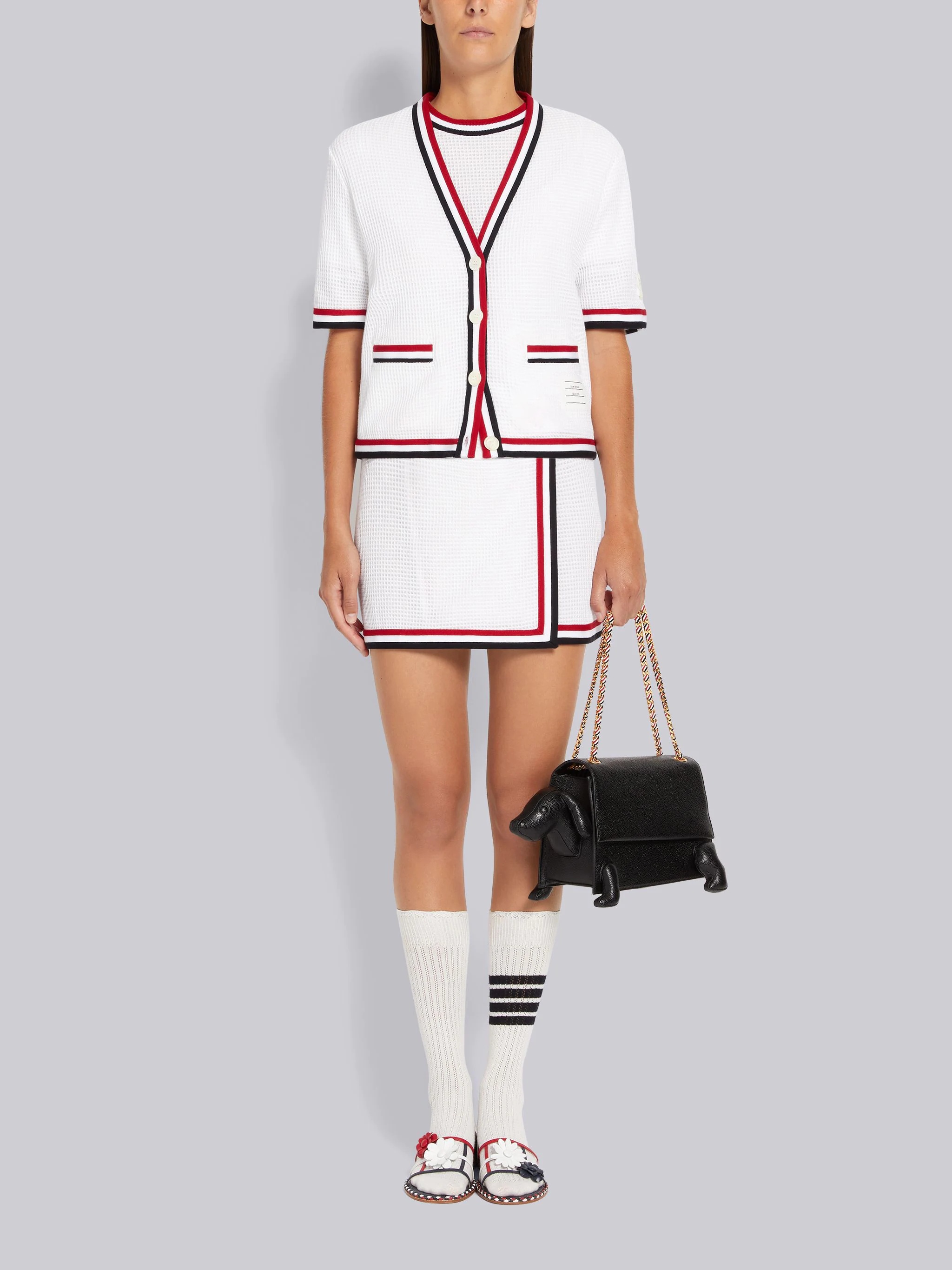 White Textured Bicolor Cotton Check Stripe Framing Mini Wrap Skirt - 4