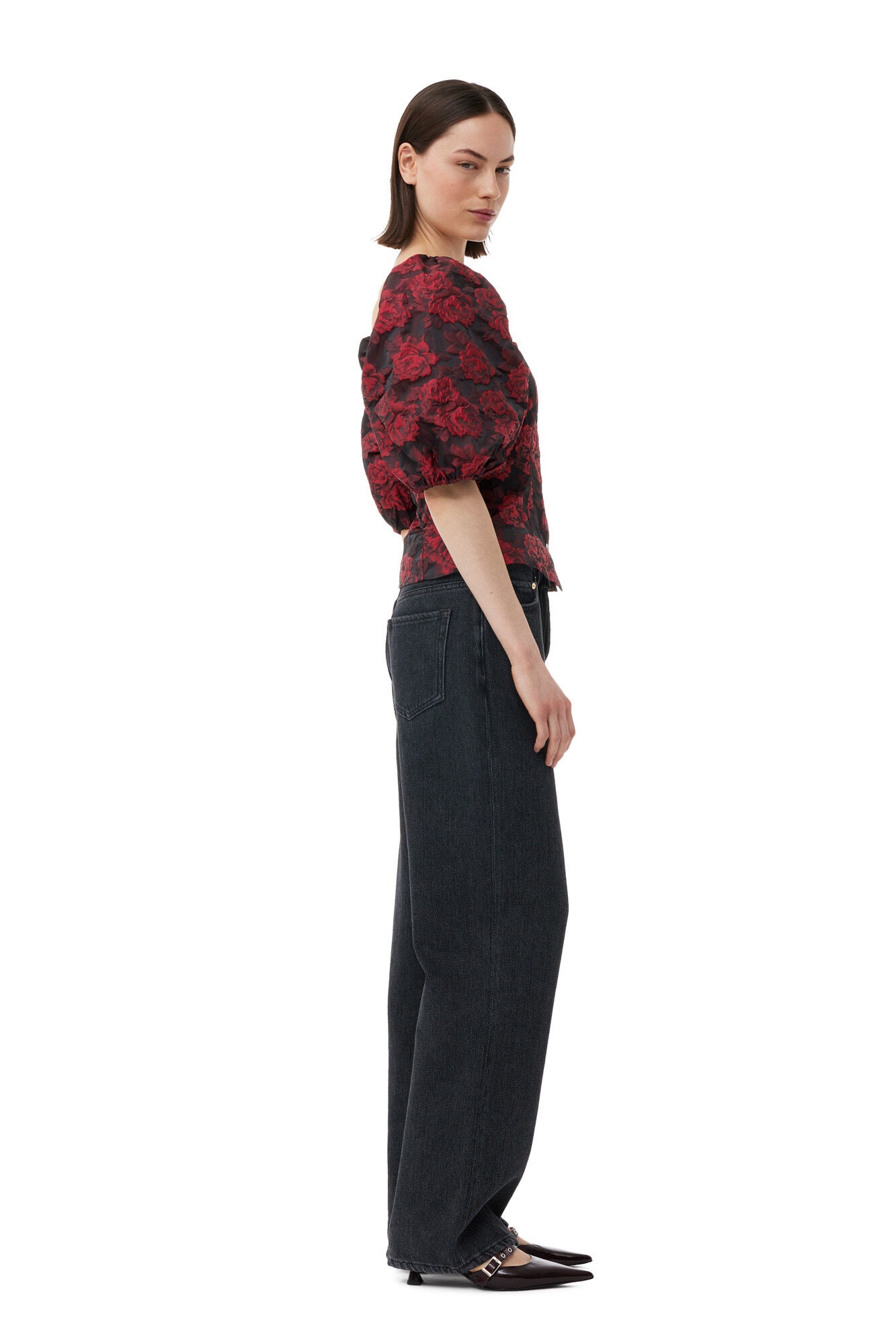 RED BOTANICAL JACQUARD FITTED BLOUSE - 4