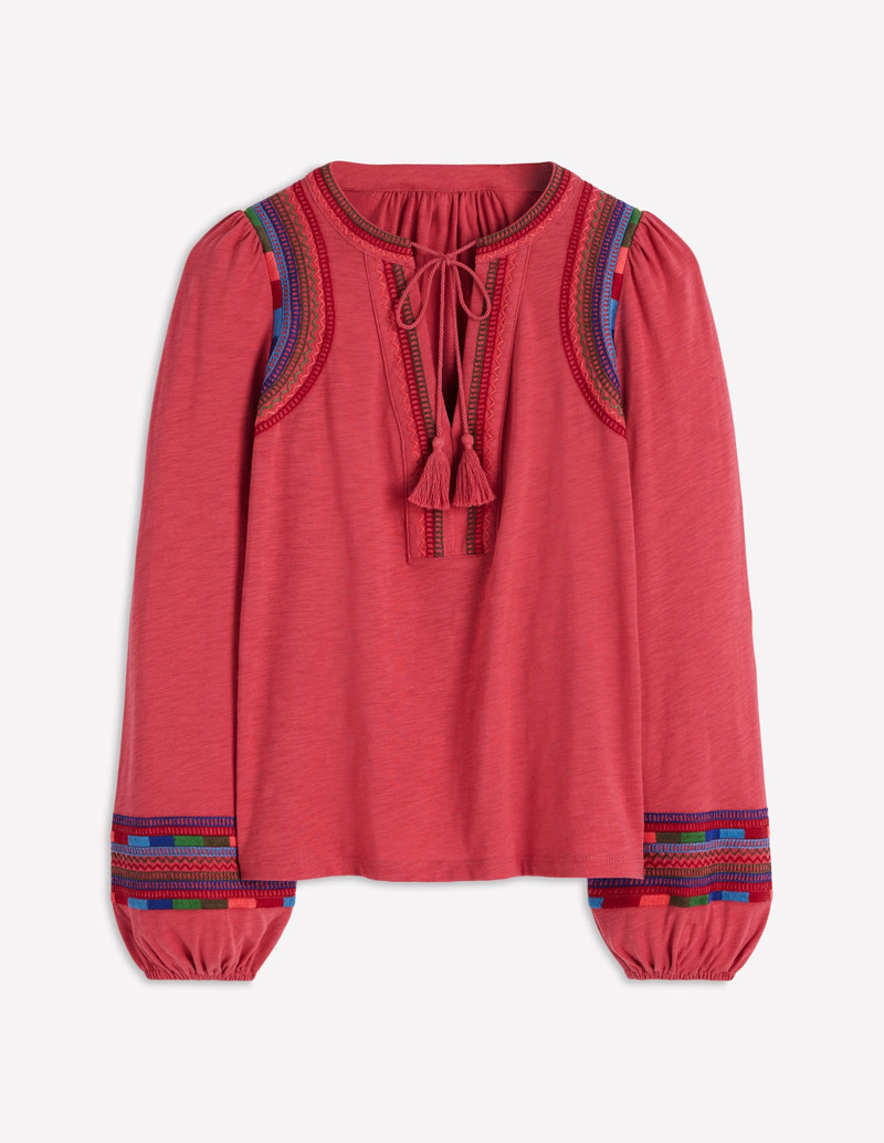 Notch Neck Embroidered Top-Holly Berry 1
