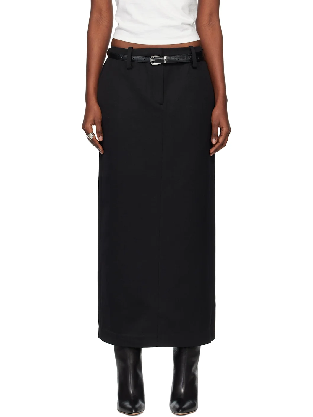 Black Low-Waisted Wool-Twill Belted Maxi Skirt - 1
