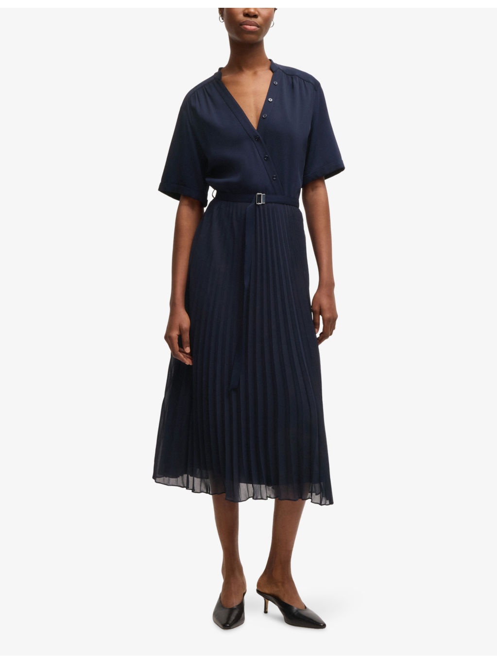 V-Neck Pleated-Skirt Woven Midi Dress - 3